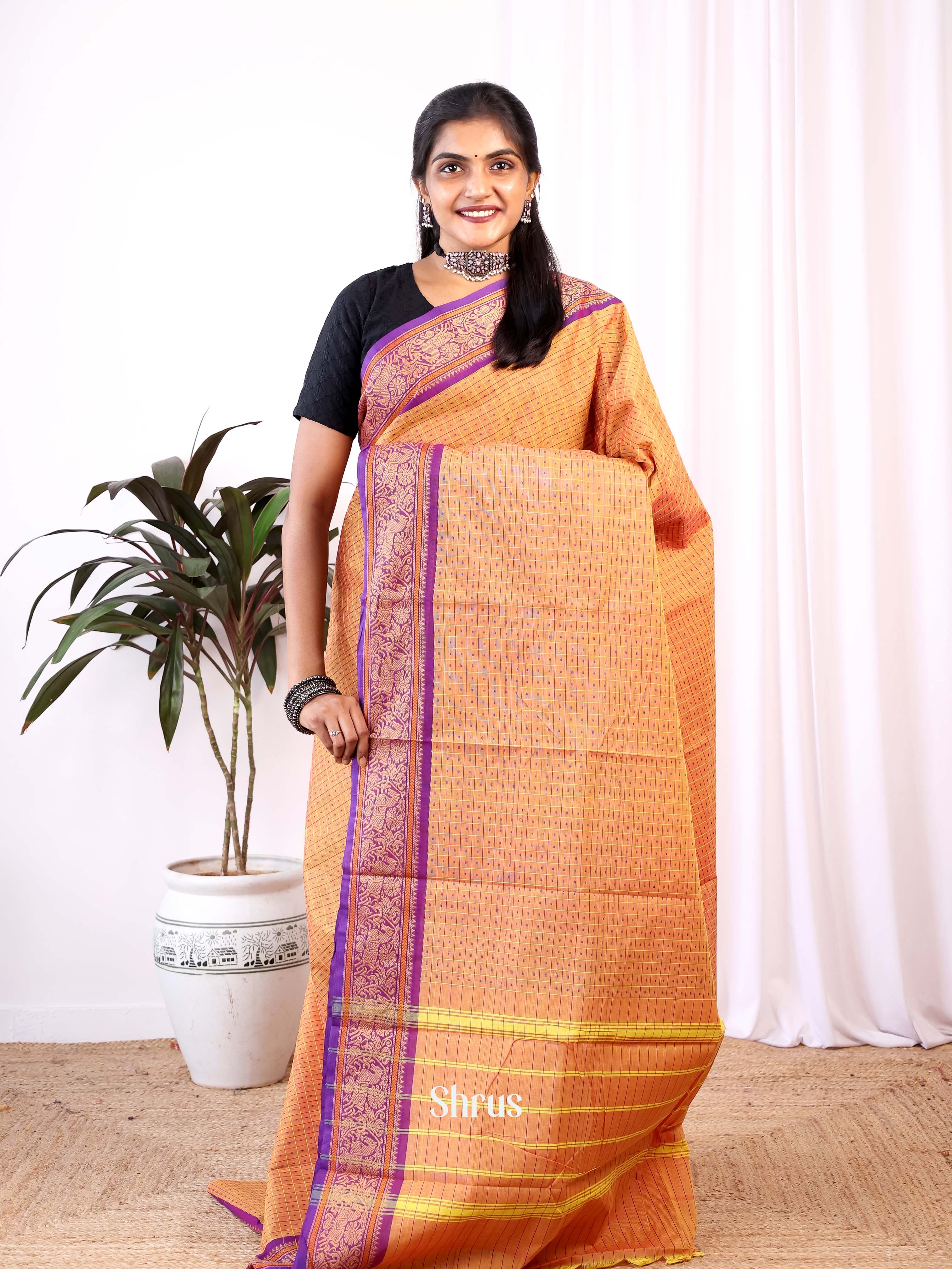 Orange & Purple - Chettinad Cotton Saree - Shop on Shrus.com