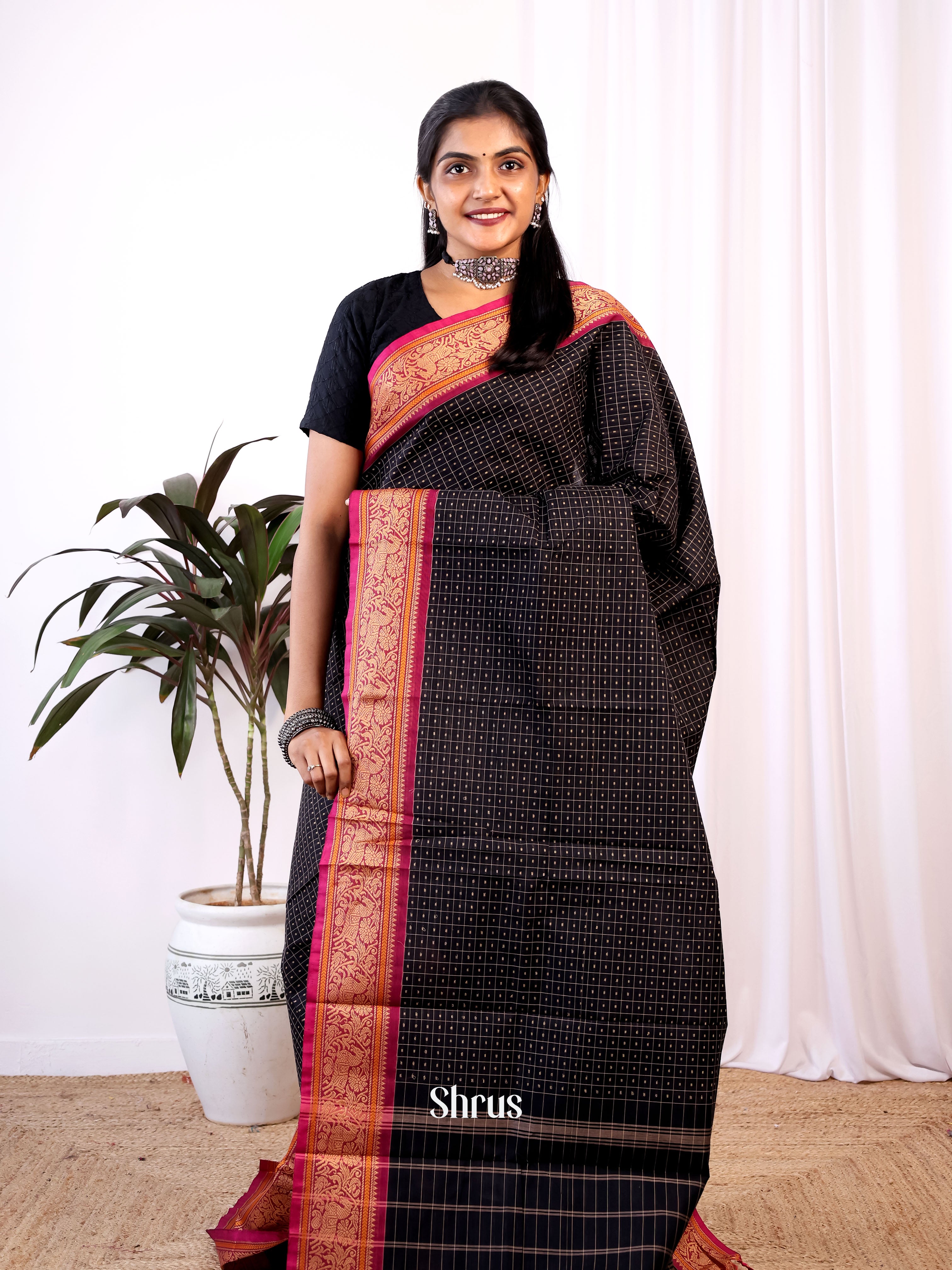 Black & Pink- Chettinad Cotton Saree - Shop on Shrus.com