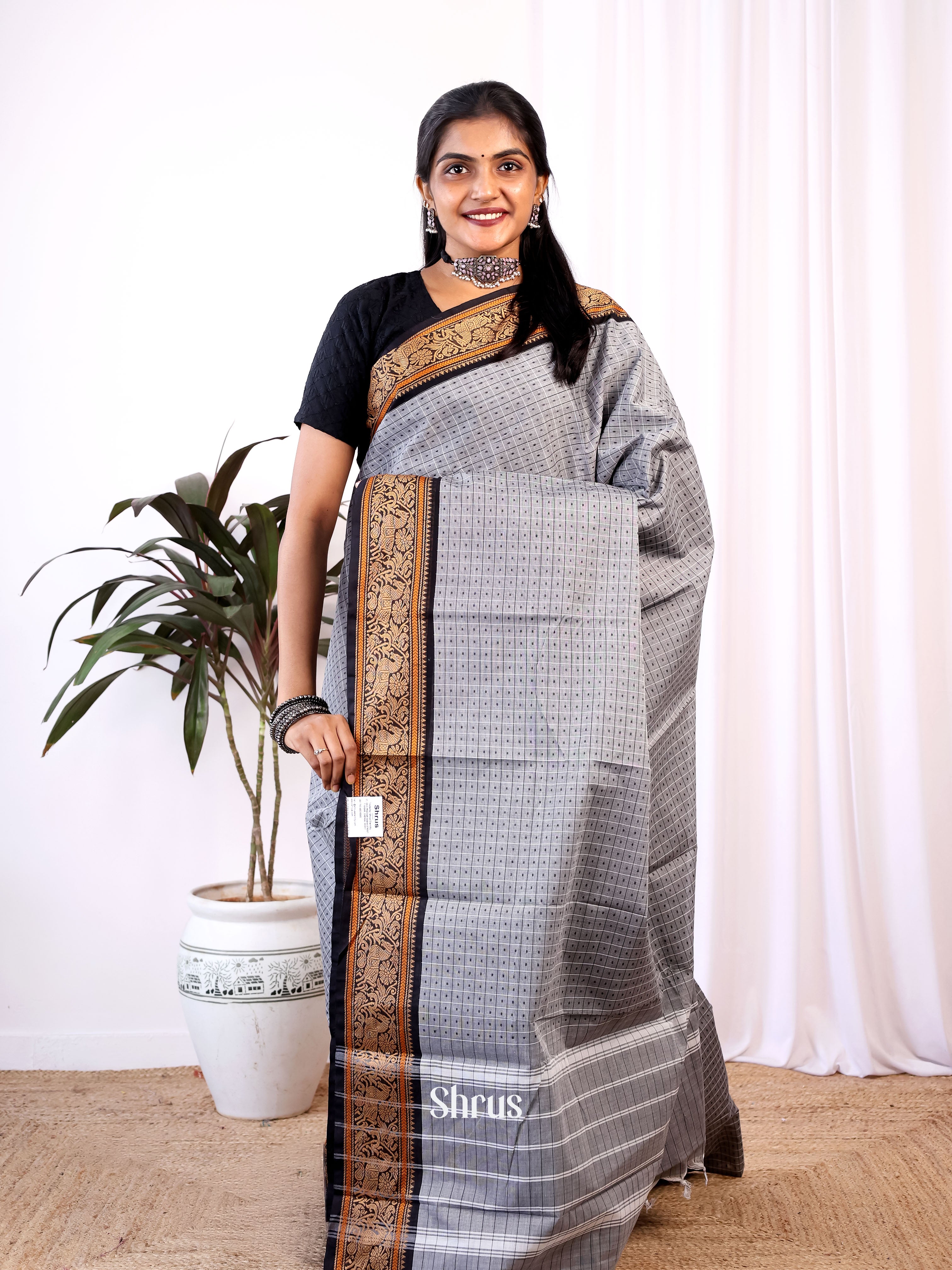 Grey& Black - Chettinad Cotton Saree - Shop on Shrus.com