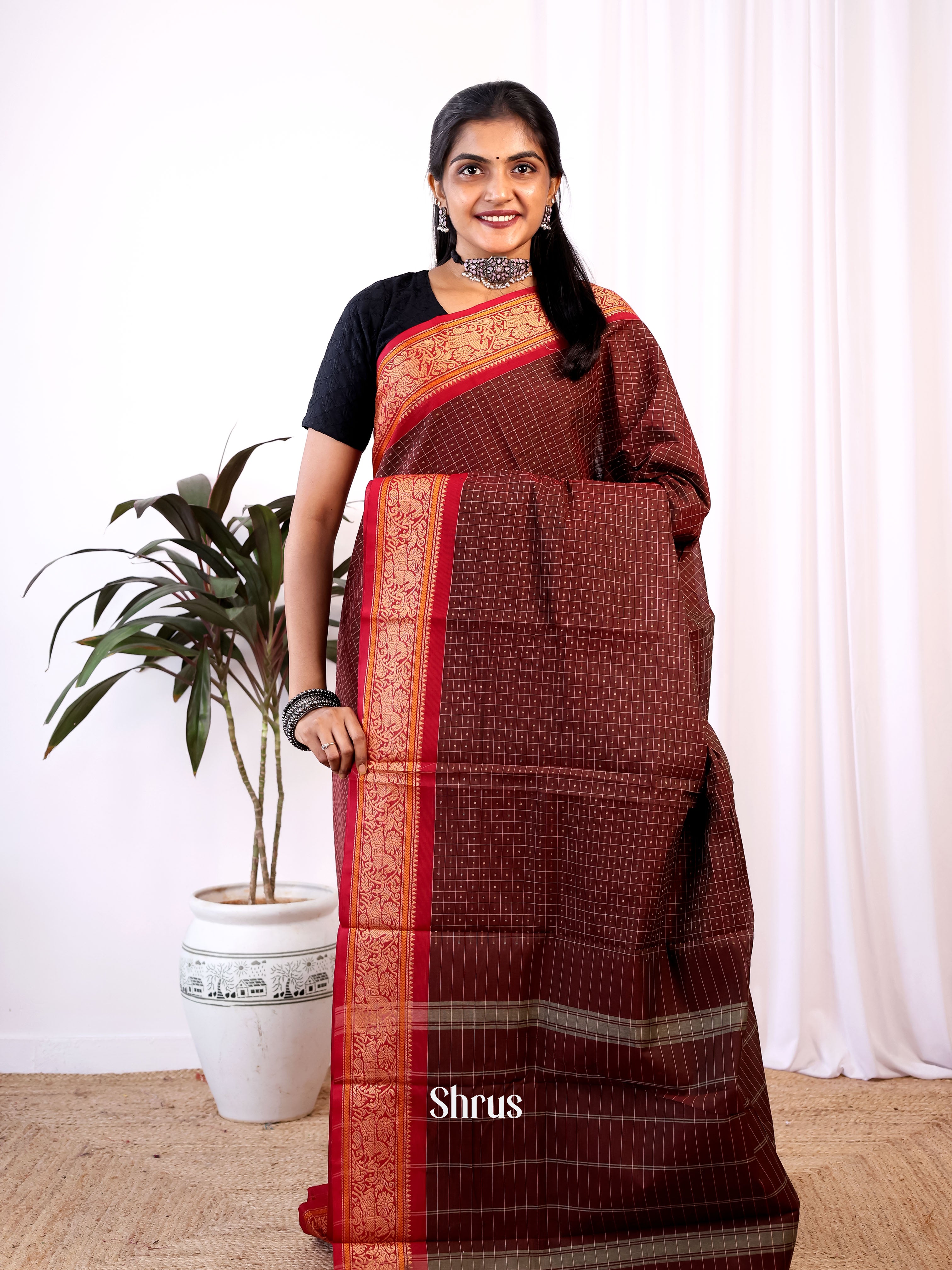 Brown & Red - Chettinad Cotton Saree - Shop on Shrus.com