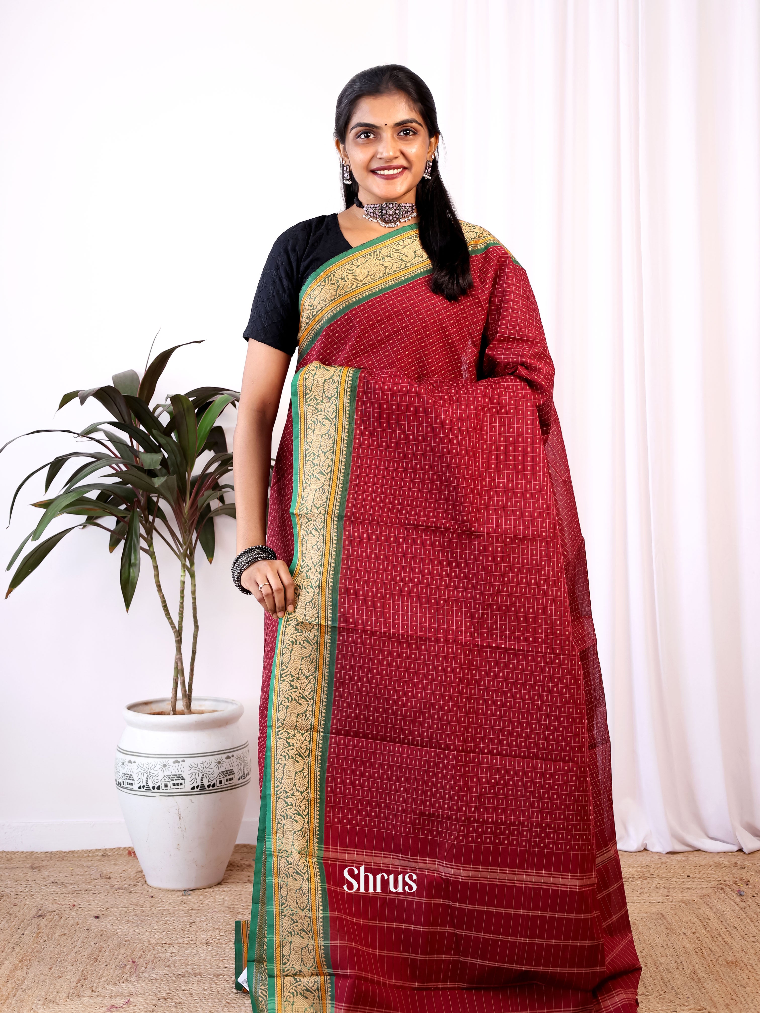 Maroon & Green - Chettinad Cotton Saree - Shop on Shrus.com