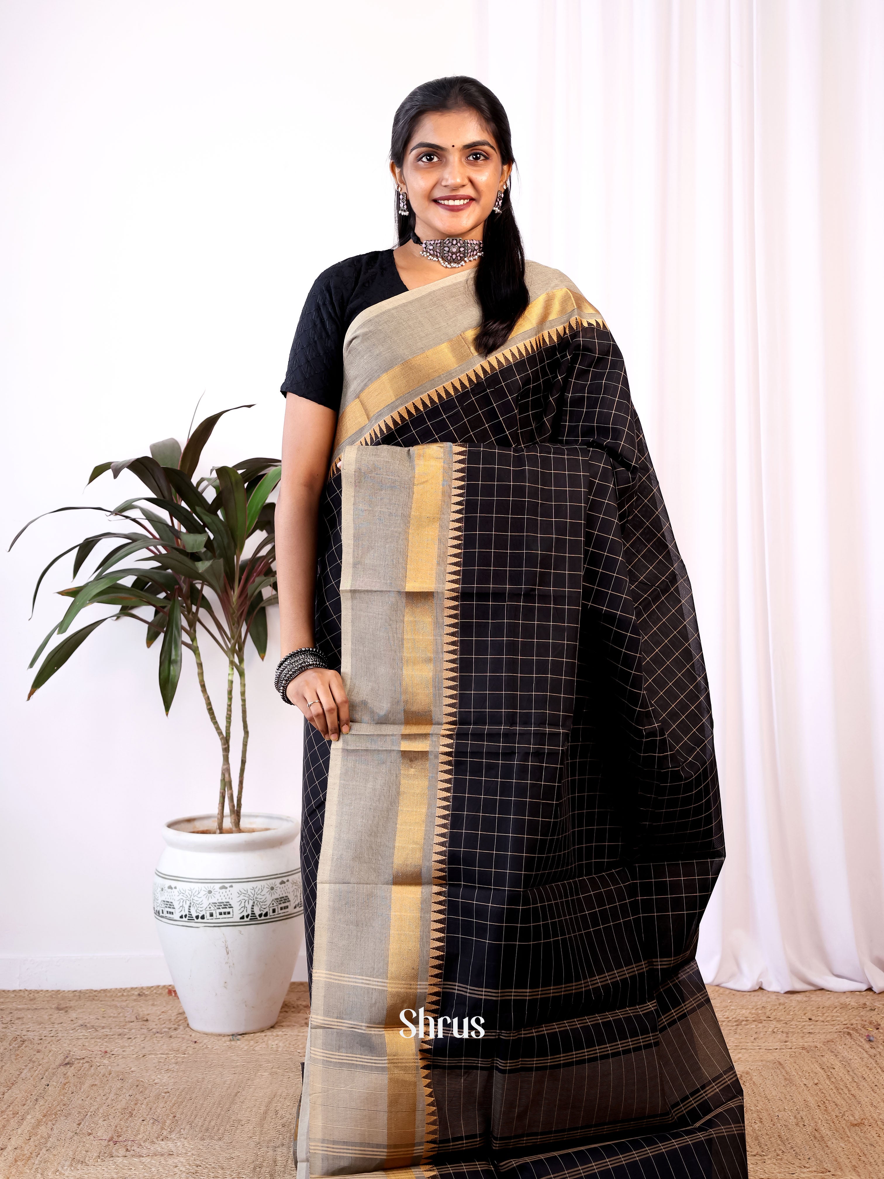Black & Grey - Chettinad Cotton Saree - Shop on Shrus.com