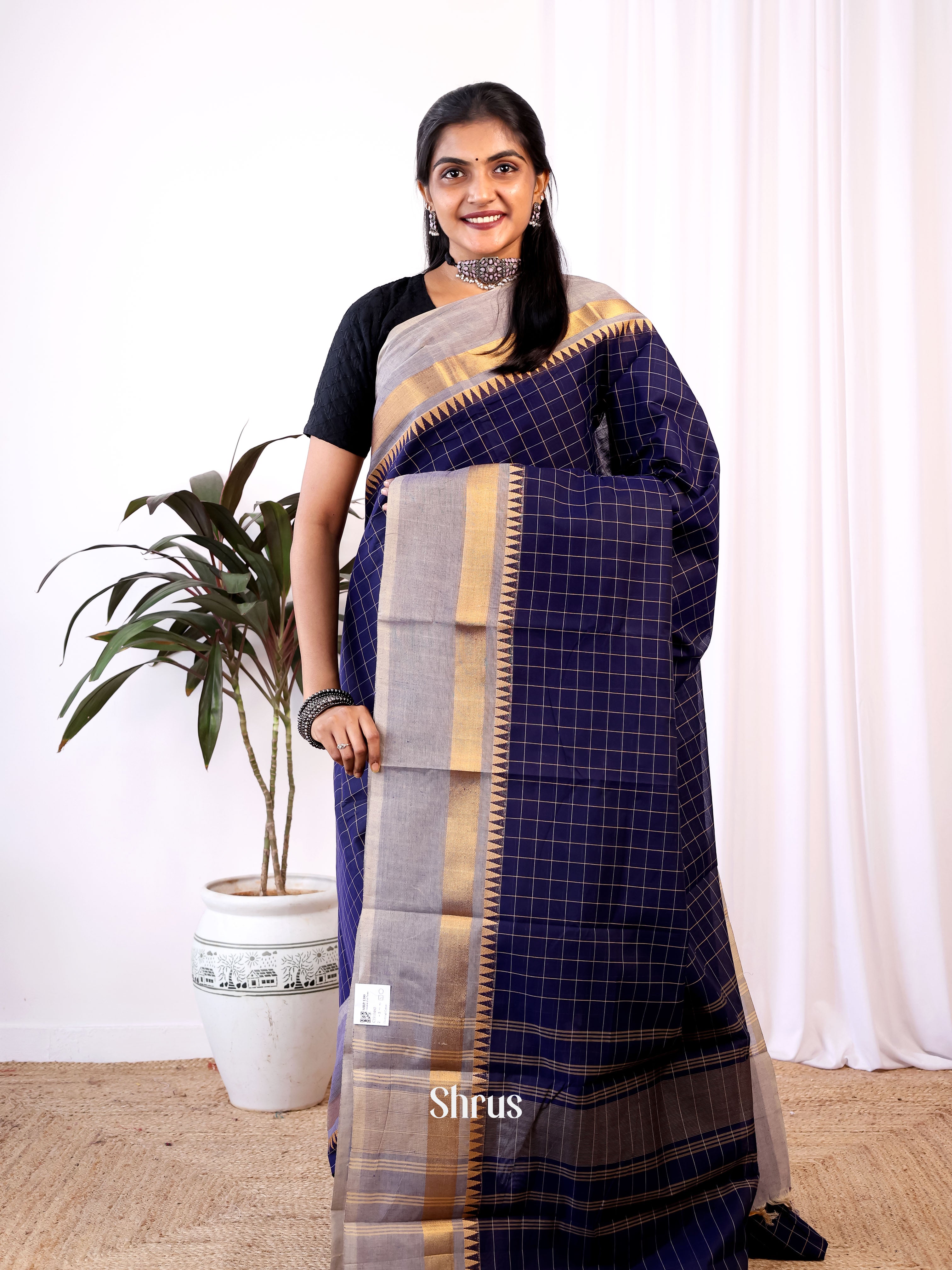 Blue & Grey- Chettinad Cotton Saree - Shop on Shrus.com