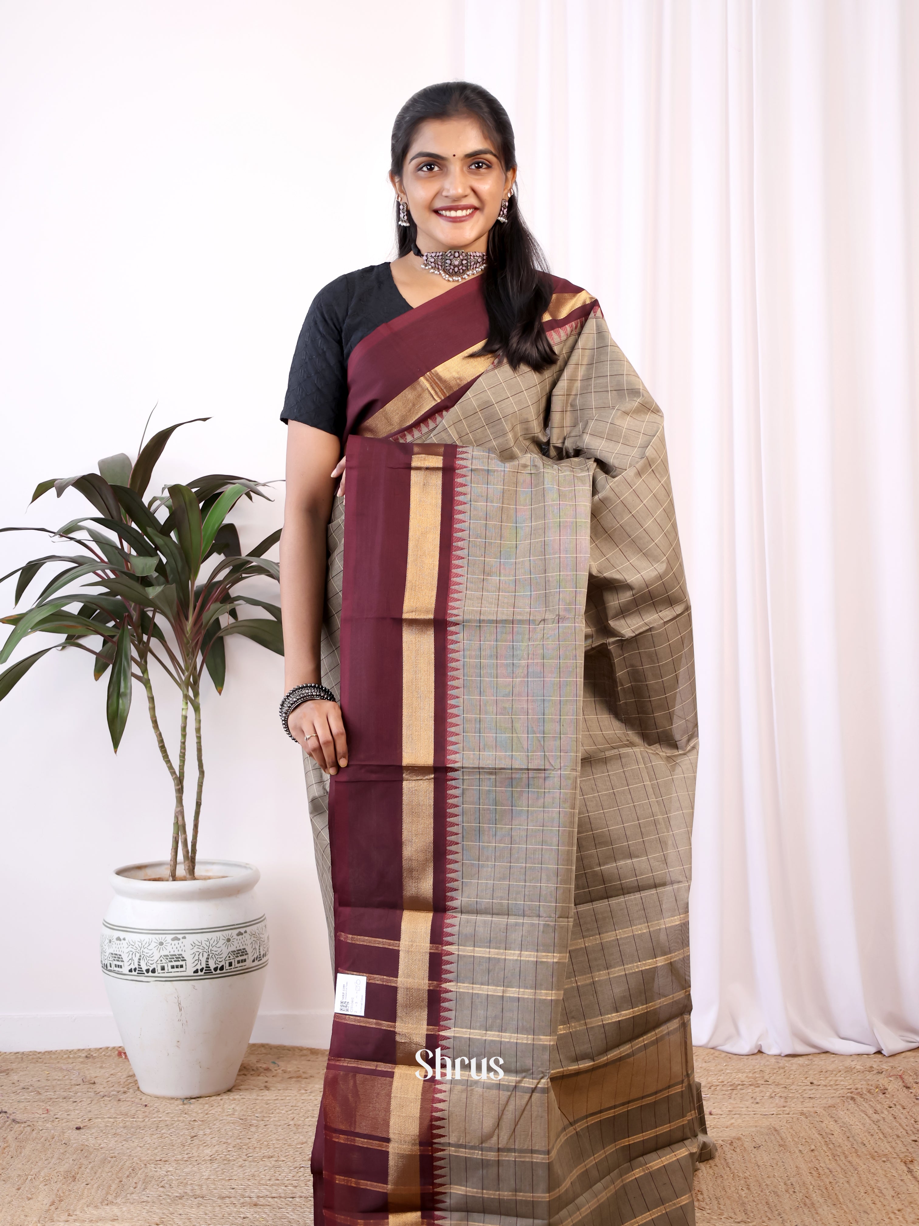 Grey & Maroon - Chettinad Cotton Saree - Shop on Shrus.com