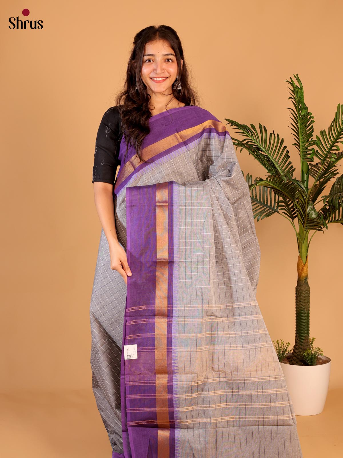 Grey & Purple - Chettinad Cotton Saree - Shop on Shrus.com