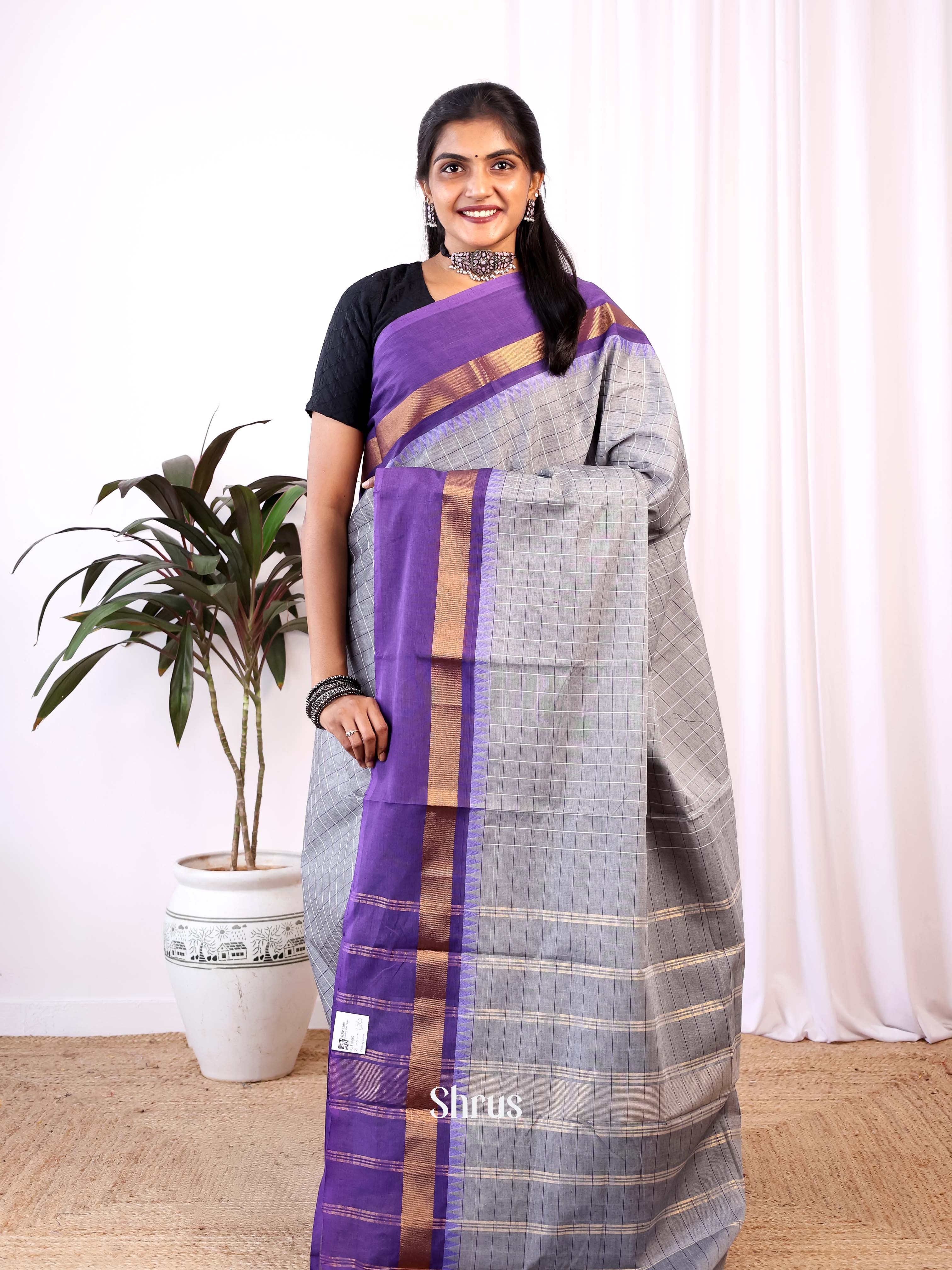 Grey & Purple - Chettinad Cotton Saree - Shop on Shrus.com