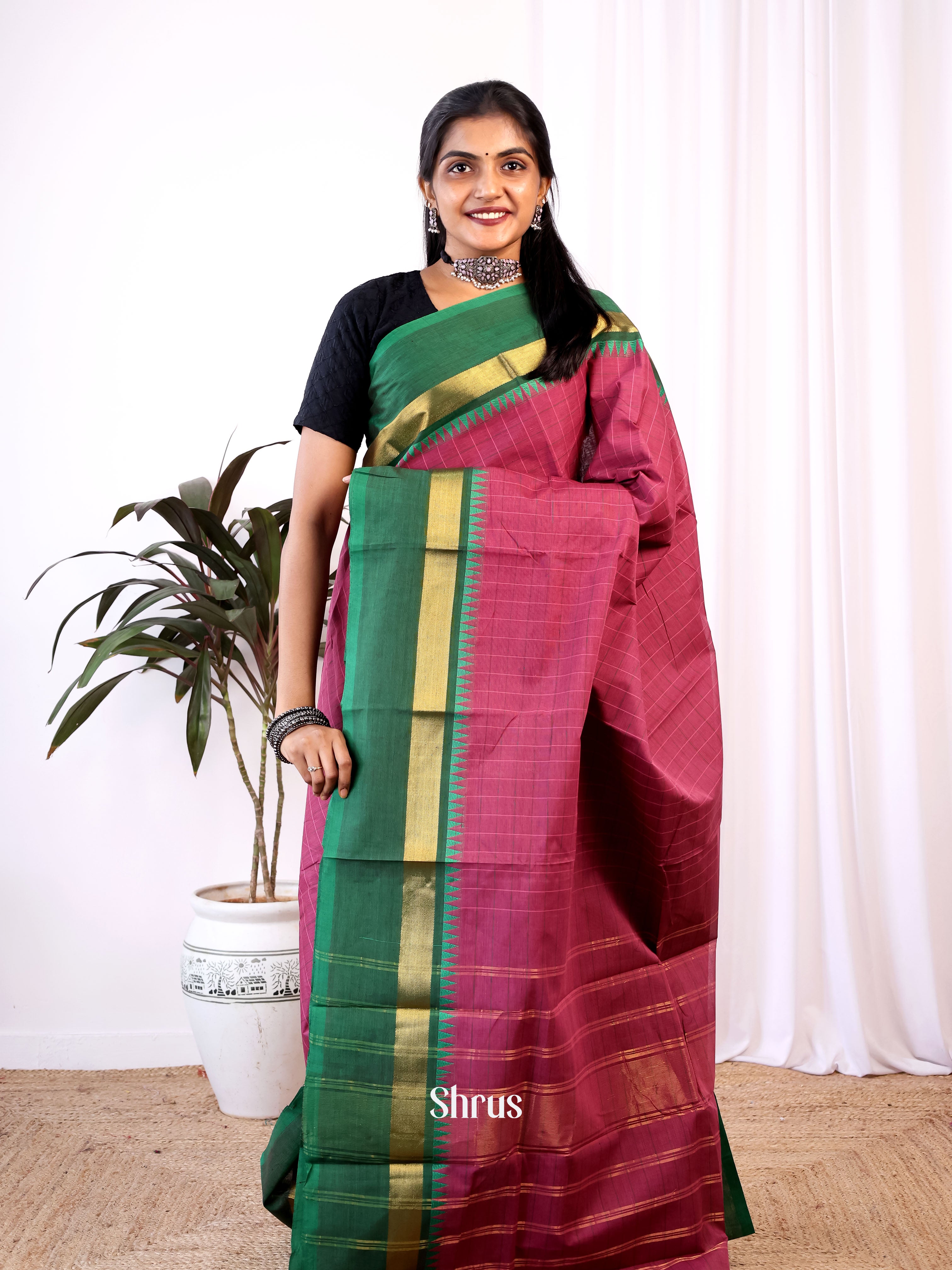 Maroon & Green - Chettinad Cotton Saree - Shop on Shrus.com