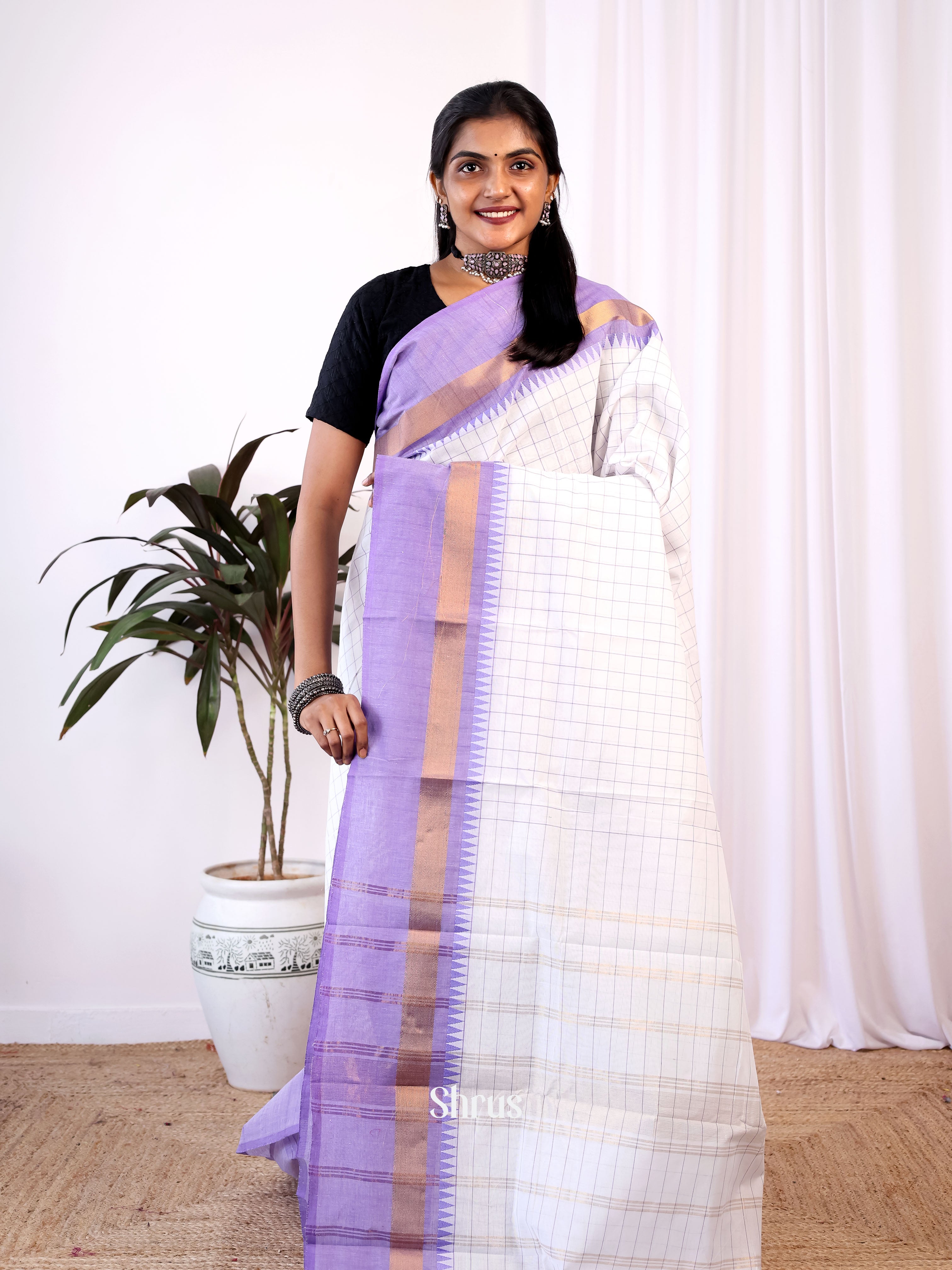 White & Lavender- Chettinad Cotton Saree - Shop on Shrus.com