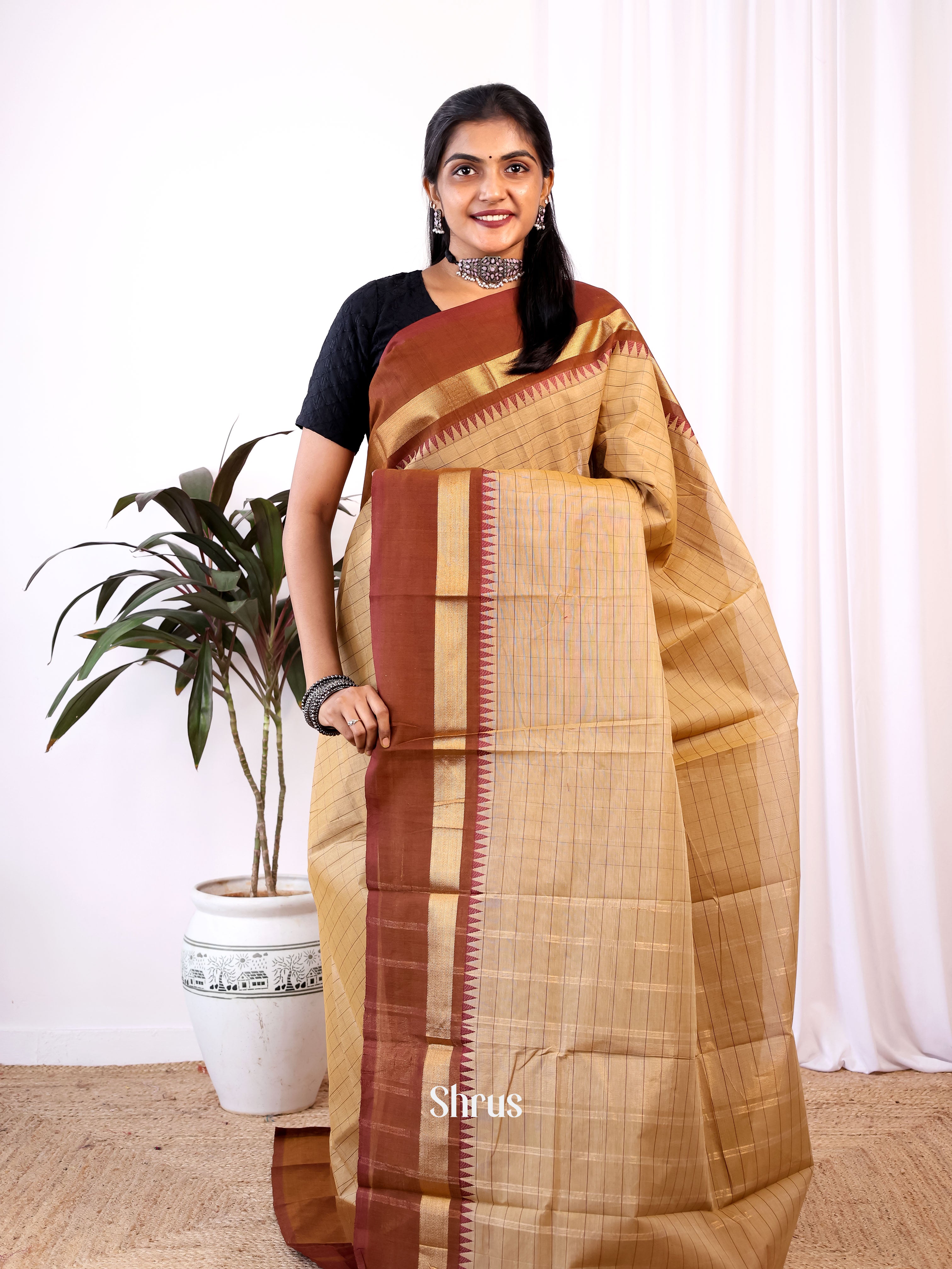 Lite Brown & Brown - Chettinad Cotton Saree - Shop on Shrus.com