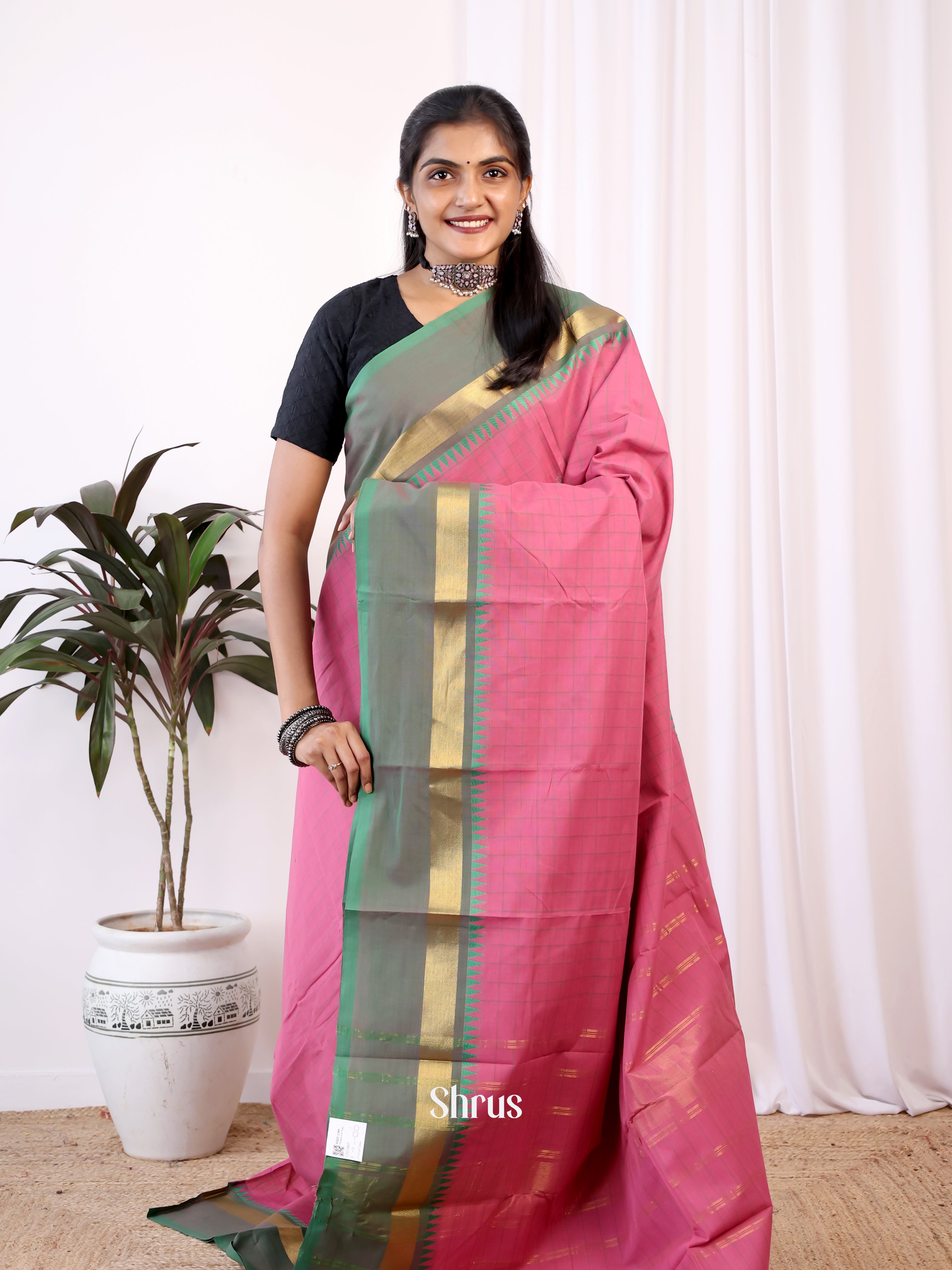 Pink & Grey- Chettinad Cotton Saree - Shop on Shrus.com