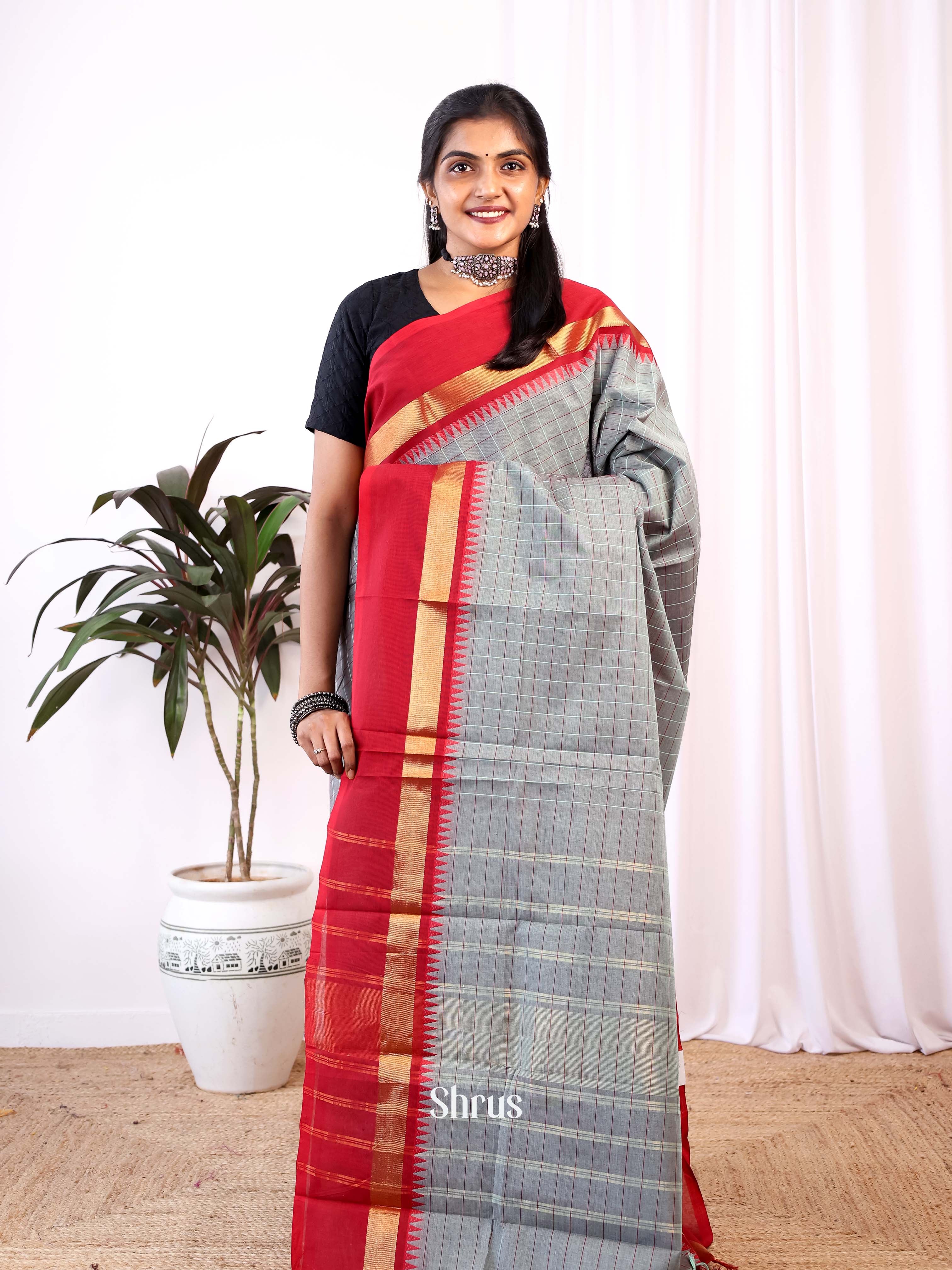 Grey & Red - Chettinad Cotton Saree - Shop on Shrus.com