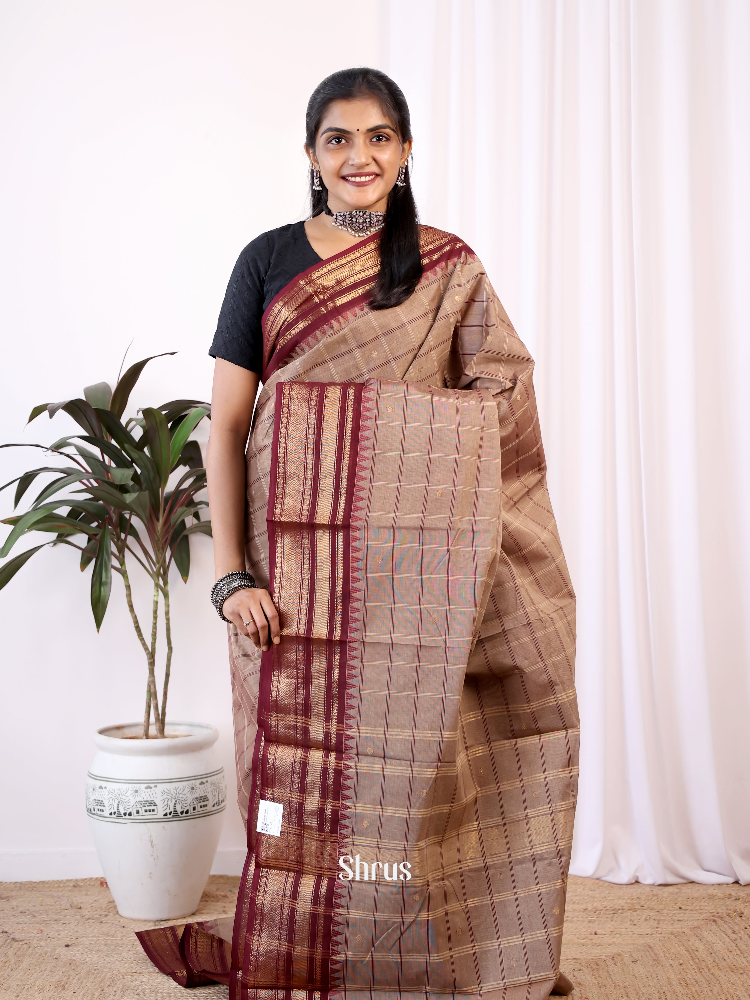 Brown & Maroon- Chettinad Cotton Saree - Shop on Shrus.com