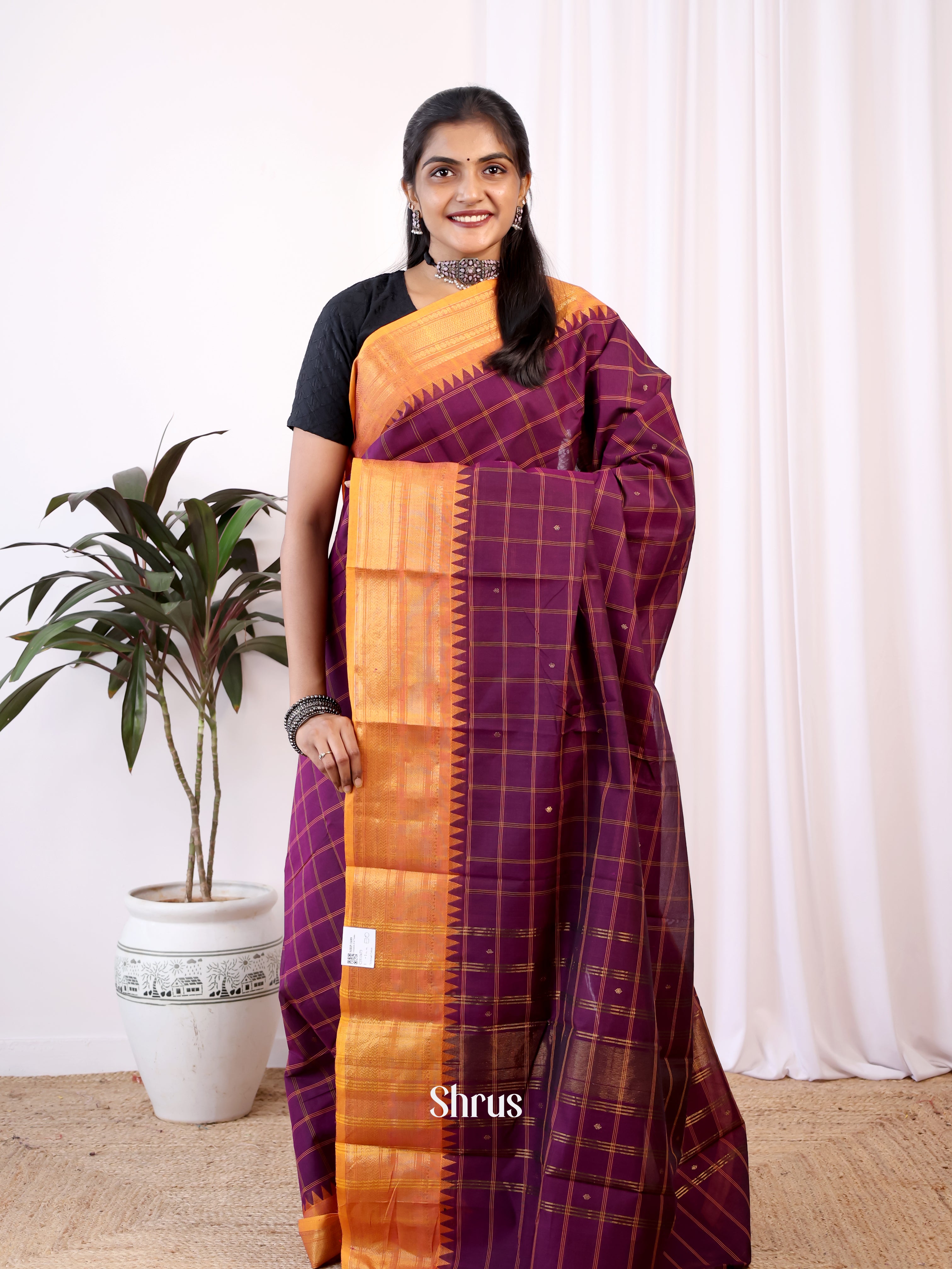Purple & Orange - Chettinad Cotton Saree - Shop on Shrus.com