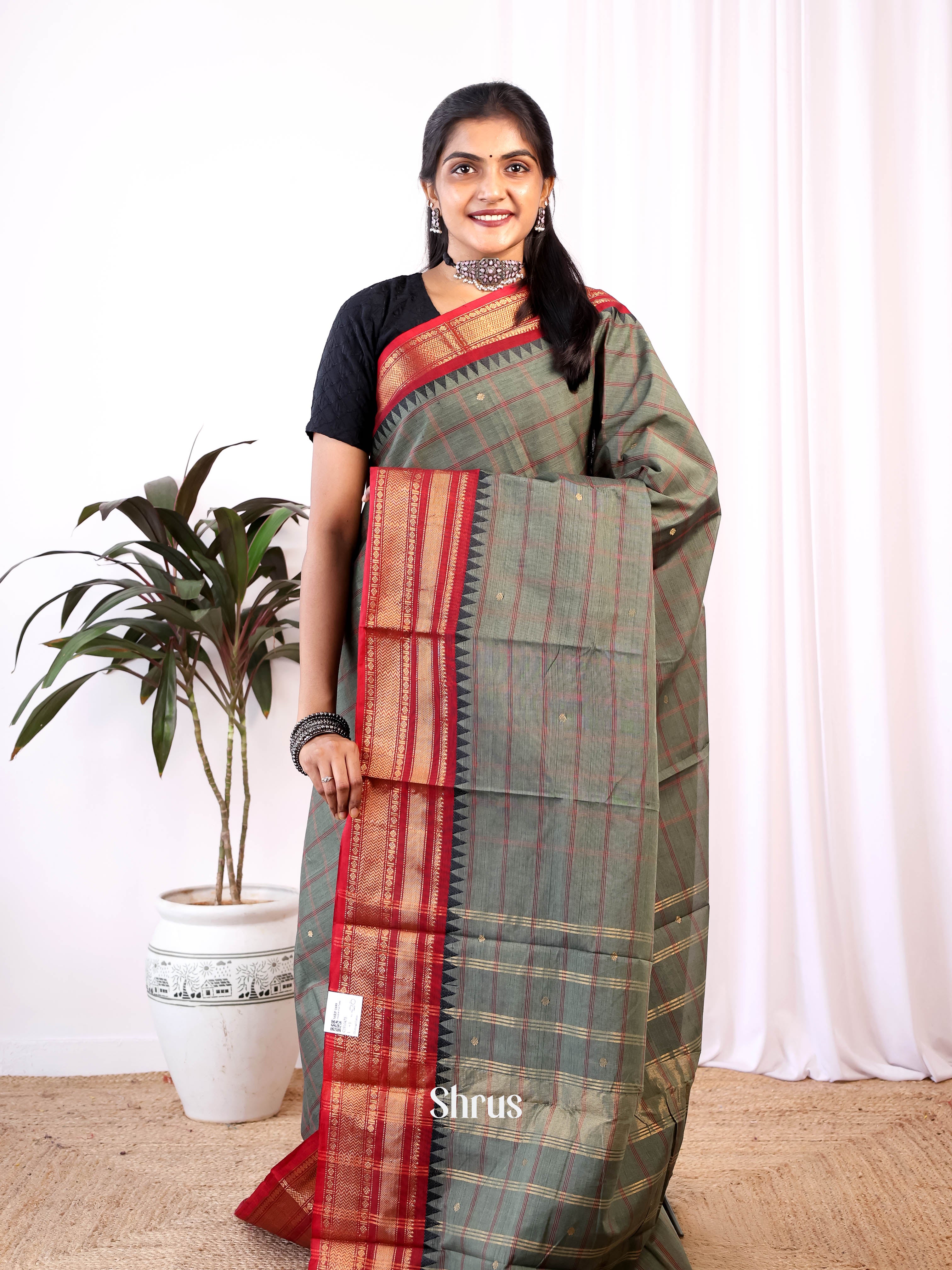 Grey & Red - Chettinad Cotton Saree - Shop on Shrus.com