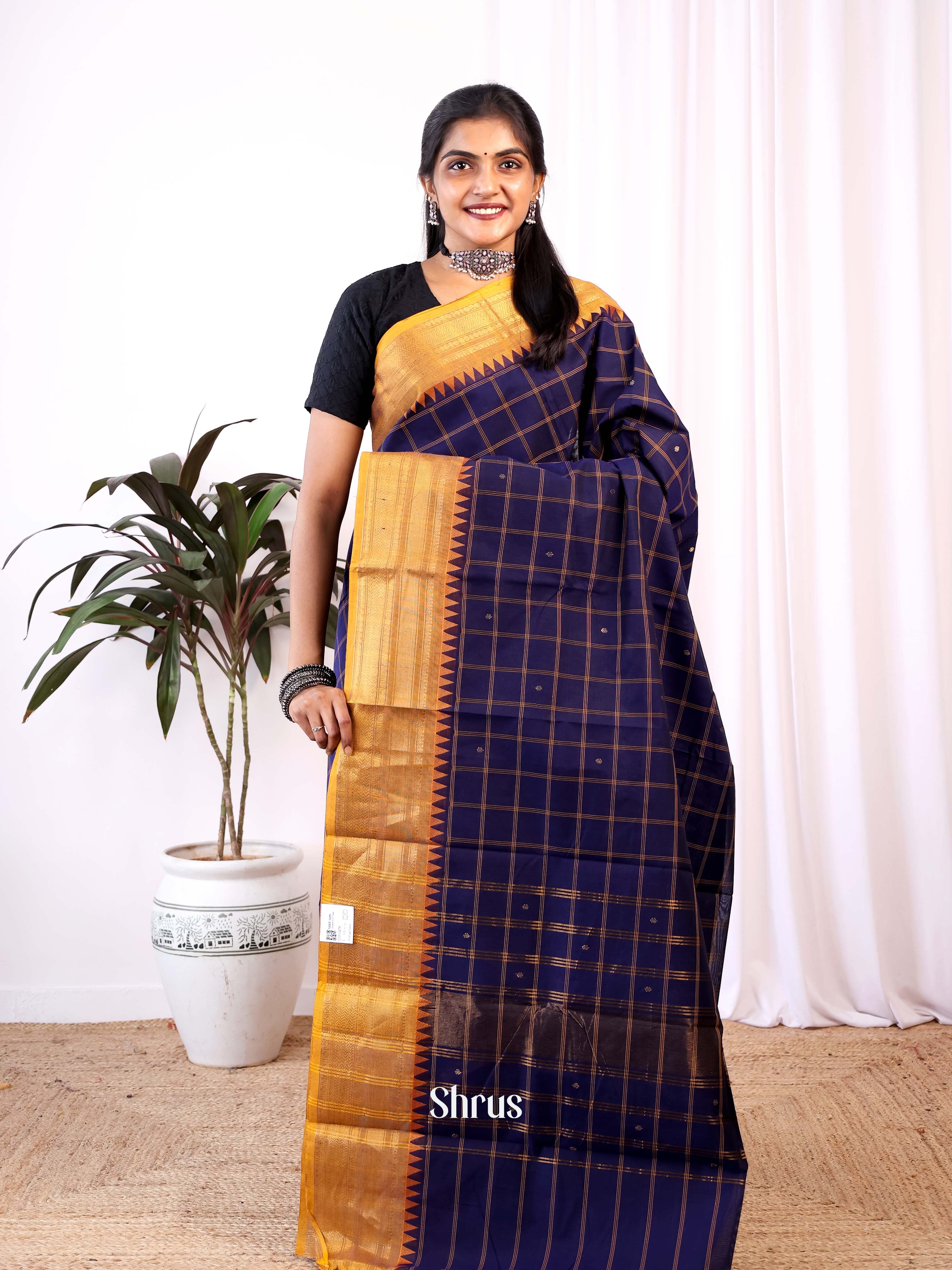 Blue & Mustard - Chettinad Cotton Saree - Shop on Shrus.com