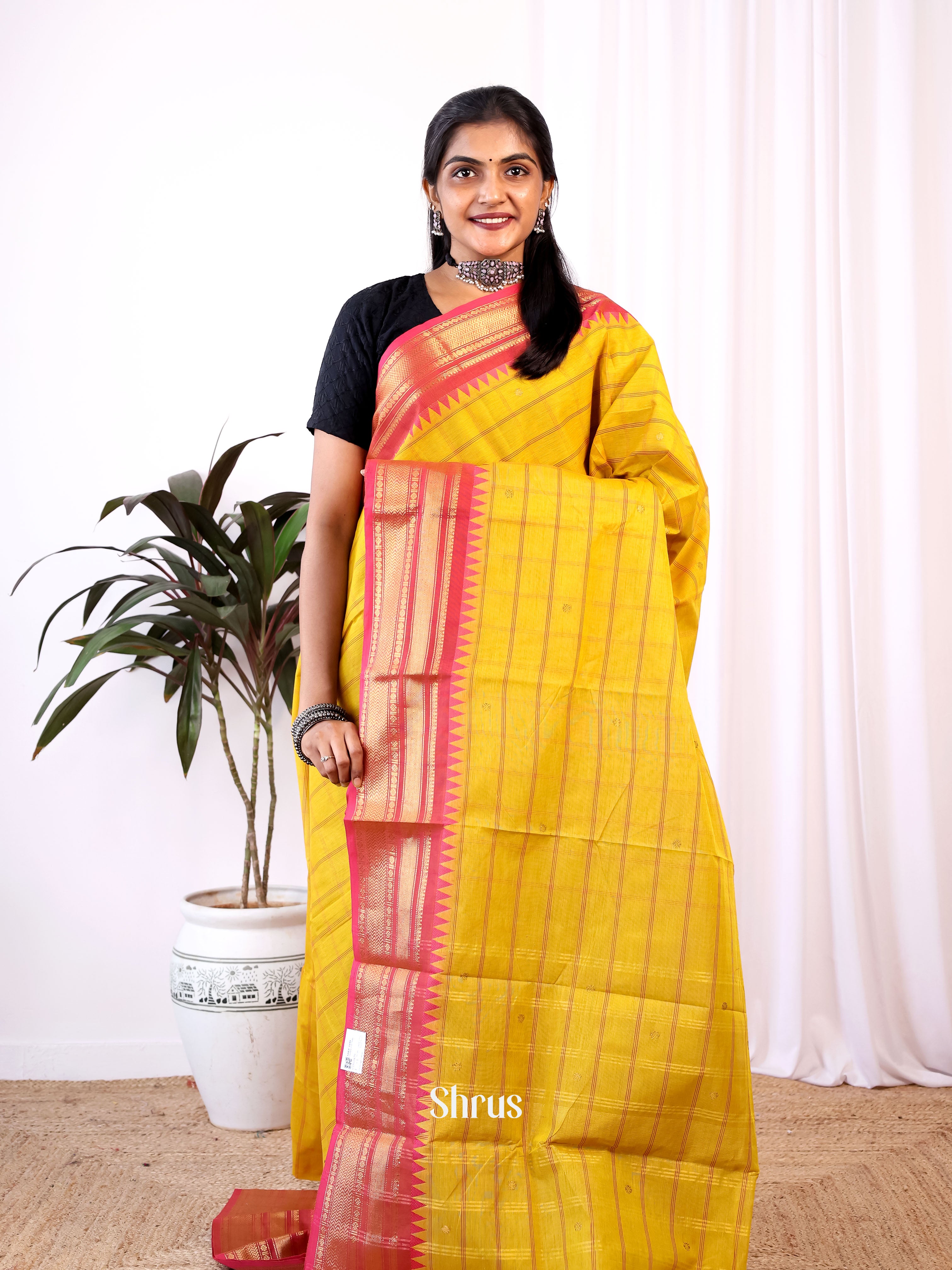 Yellow & Pink - Chettinad Cotton Saree - Shop on Shrus.com
