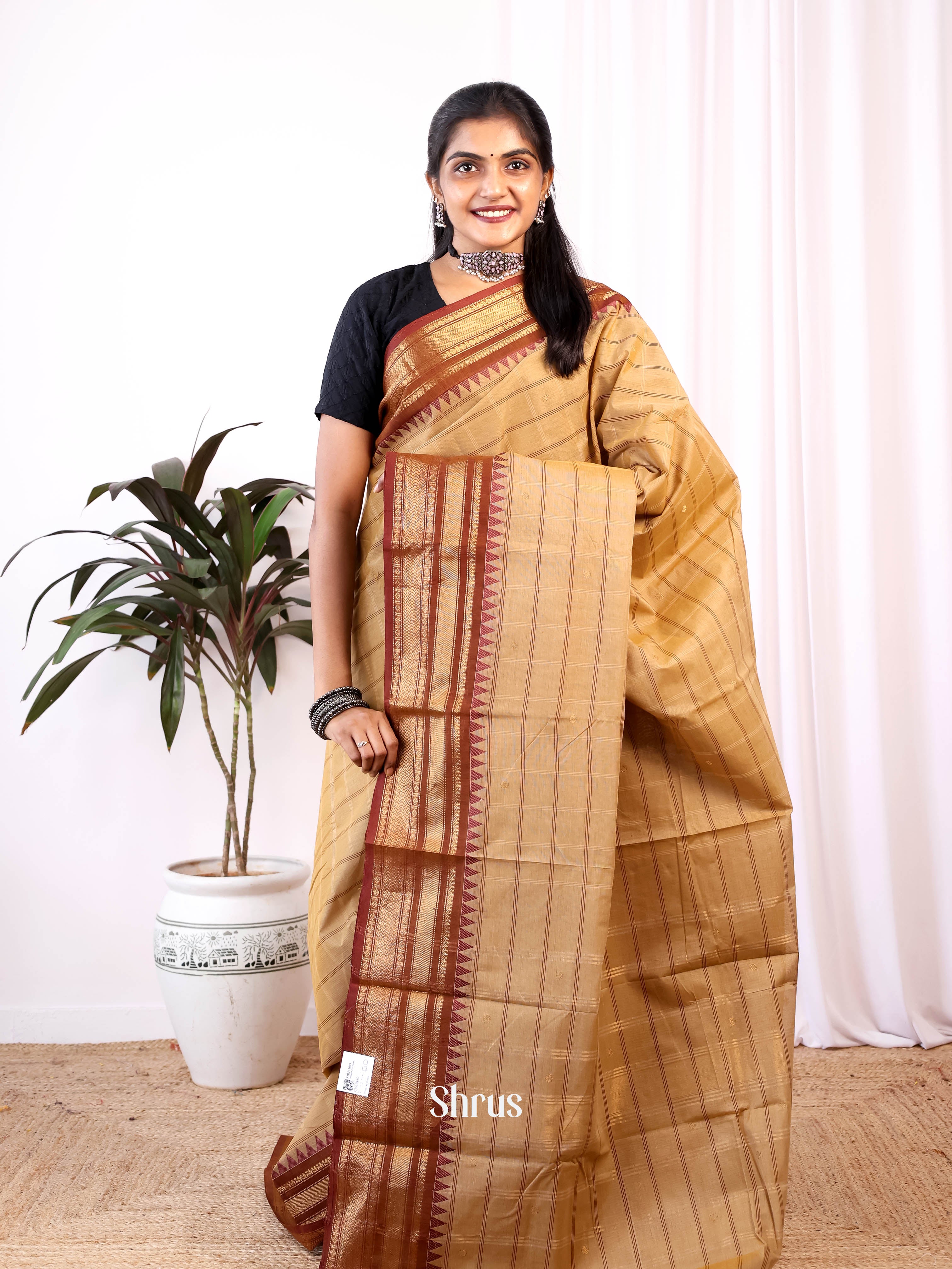 Beige & Brown - Chettinad Cotton Saree - Shop on Shrus.com