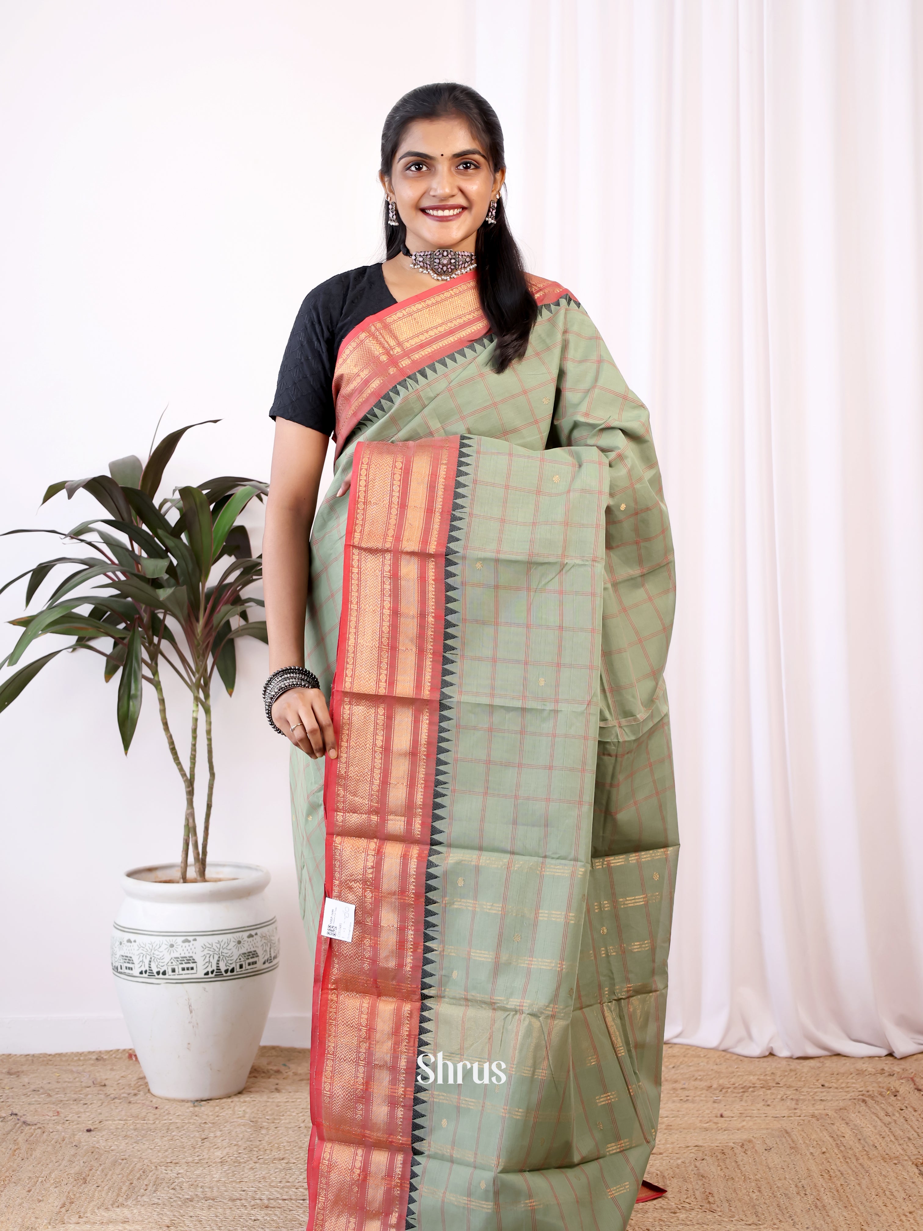 Grey & Red - Chettinad Cotton Saree - Shop on Shrus.com