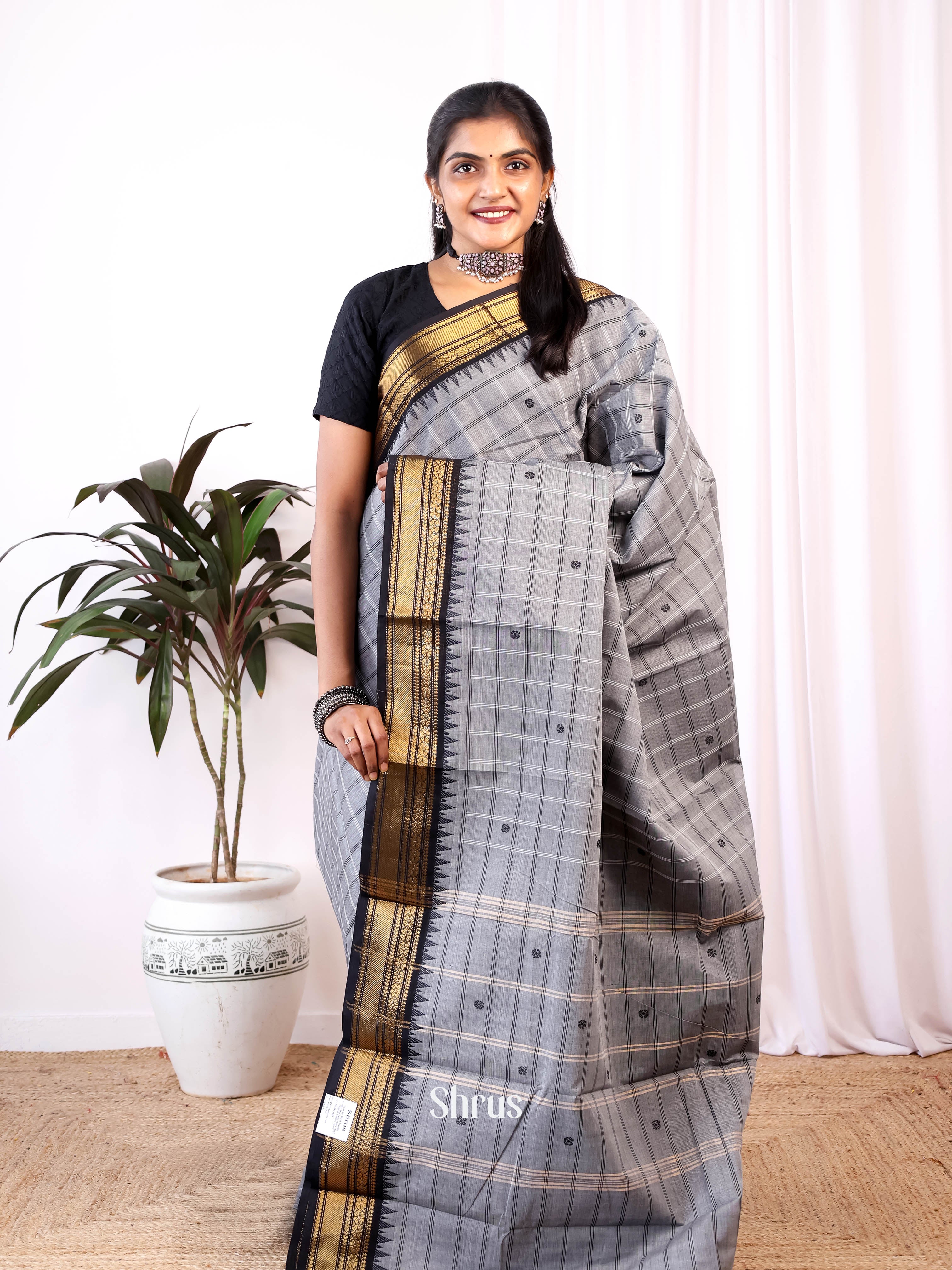 Grey & Black - Chettinad Cotton Saree - Shop on Shrus.com