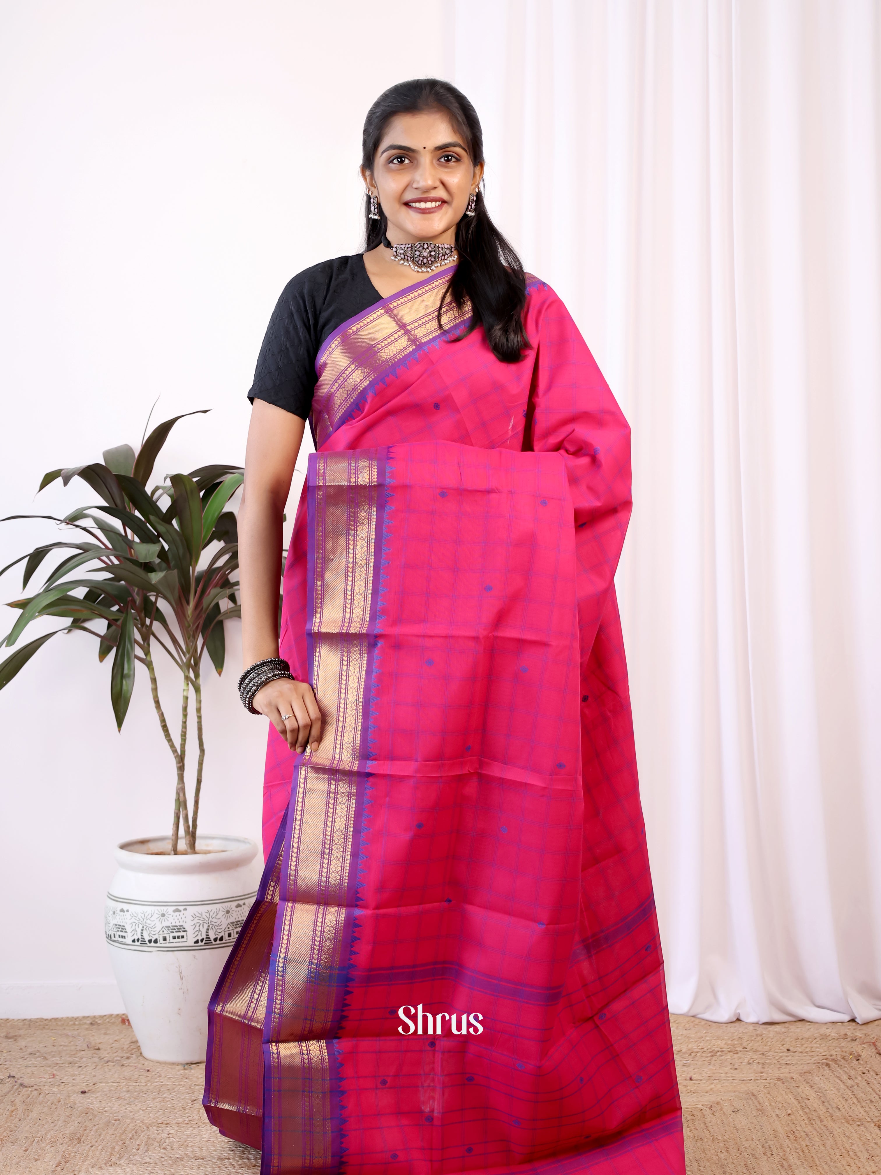 Pink & Purple- Chettinad Cotton Saree - Shop on Shrus.com