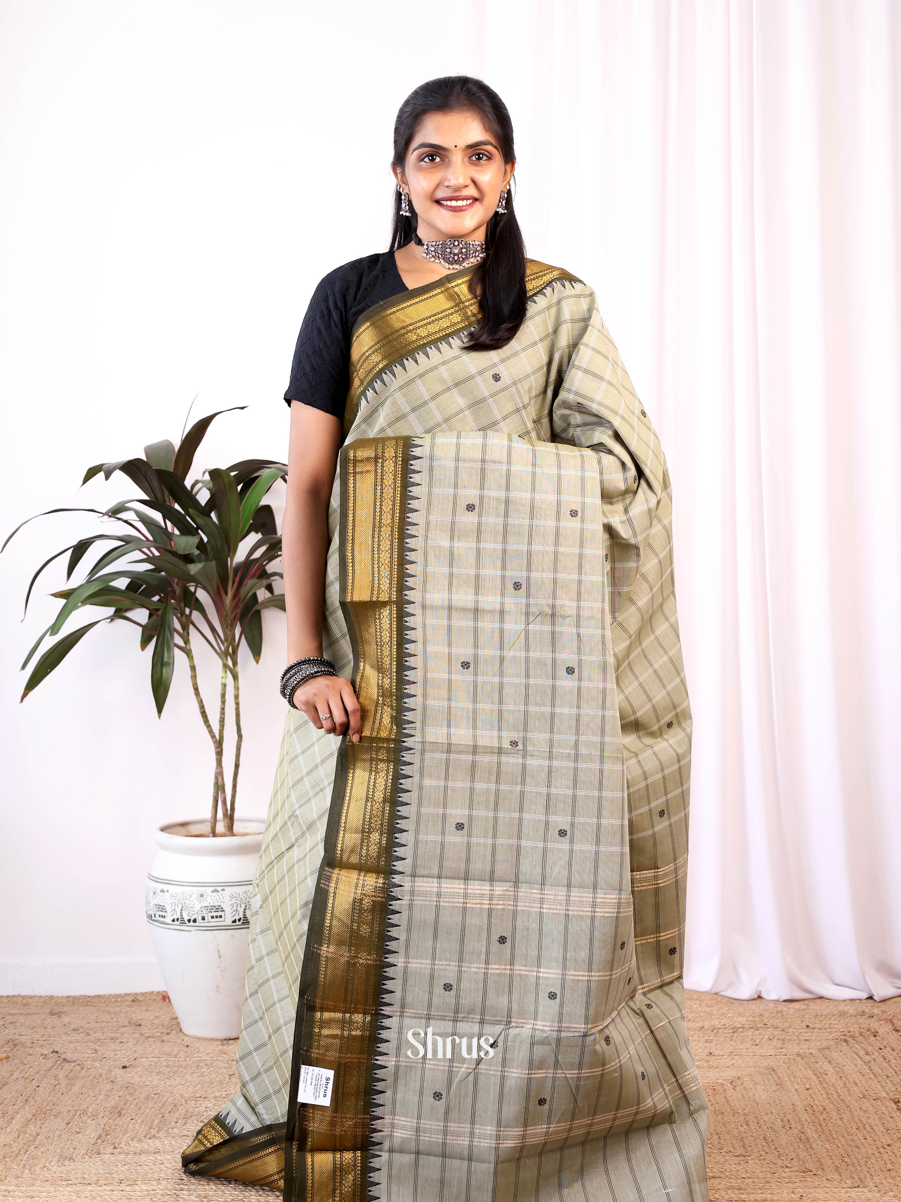 Grey & Black- Chettinad Cotton Saree - Shop on Shrus.com