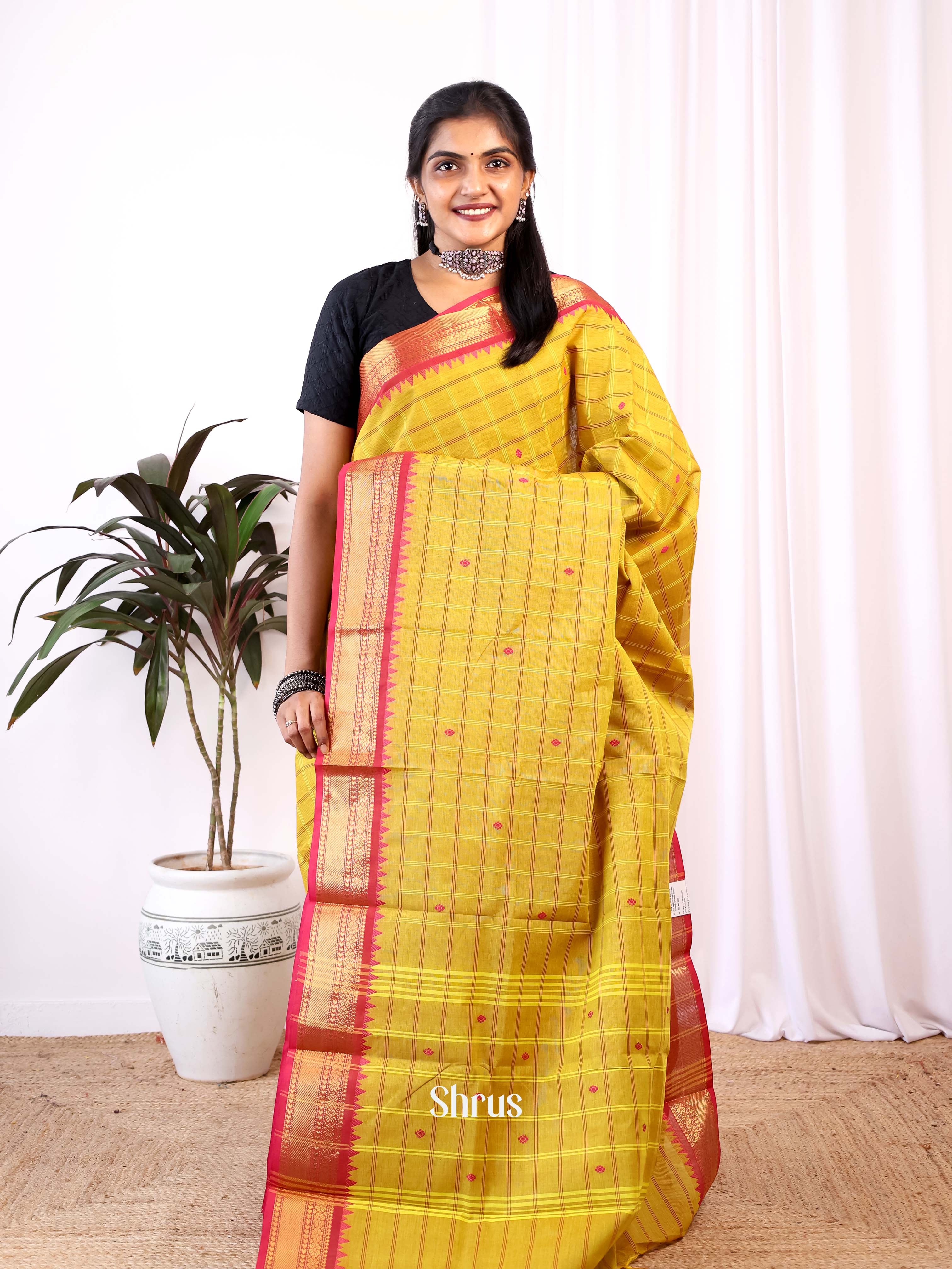 Mustard & Red- Chettinad Cotton Saree - Shop on Shrus.com