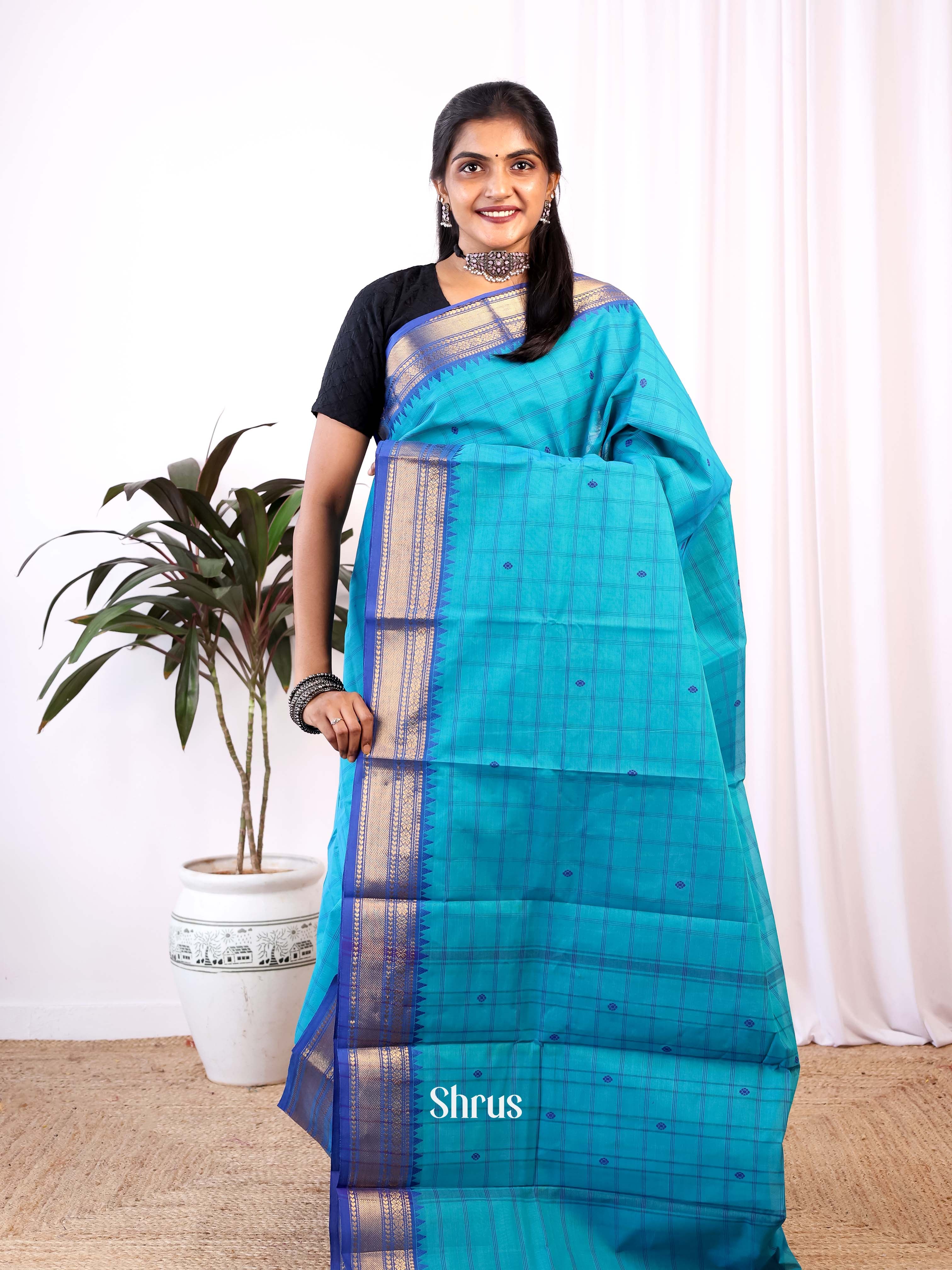 Teal & Blue - Chettinad Cotton Saree - Shop on Shrus.com