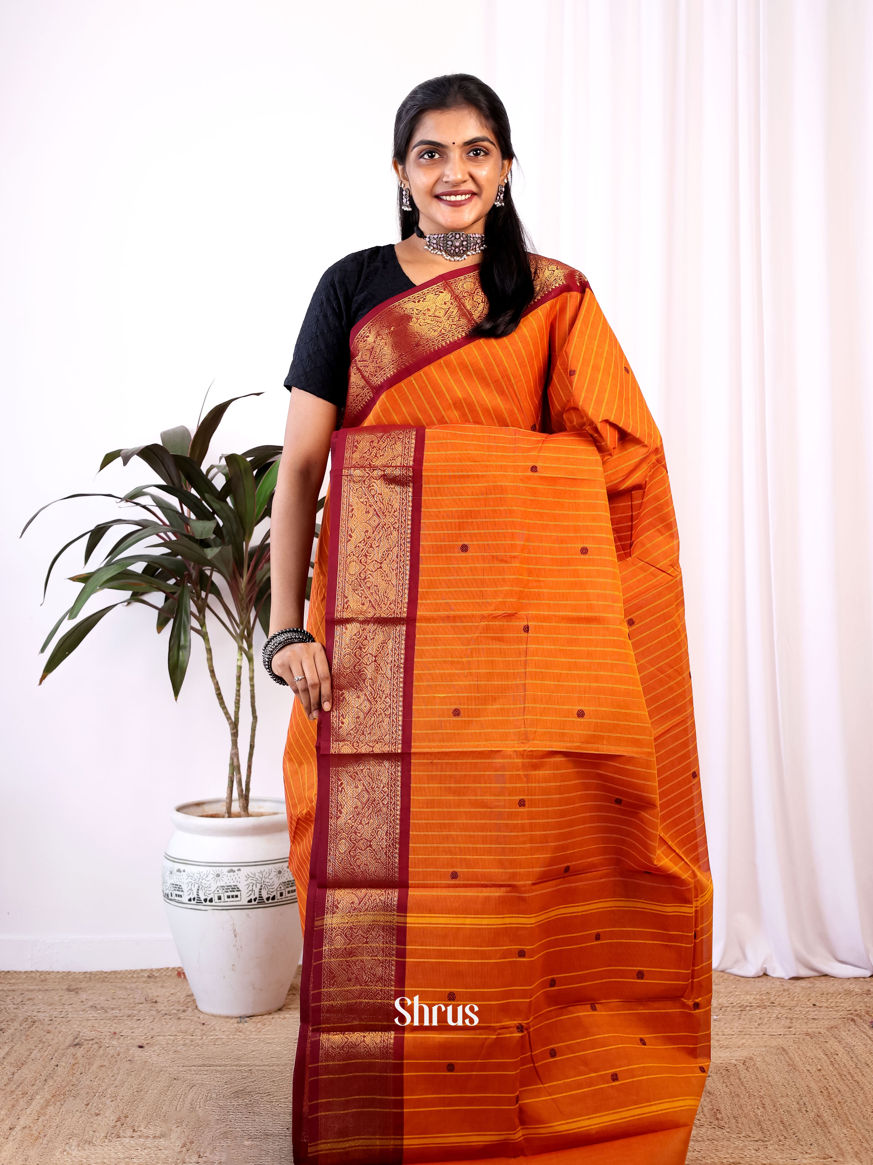 Orange & Maroon - Chettinad Cotton Saree - Shop on Shrus.com