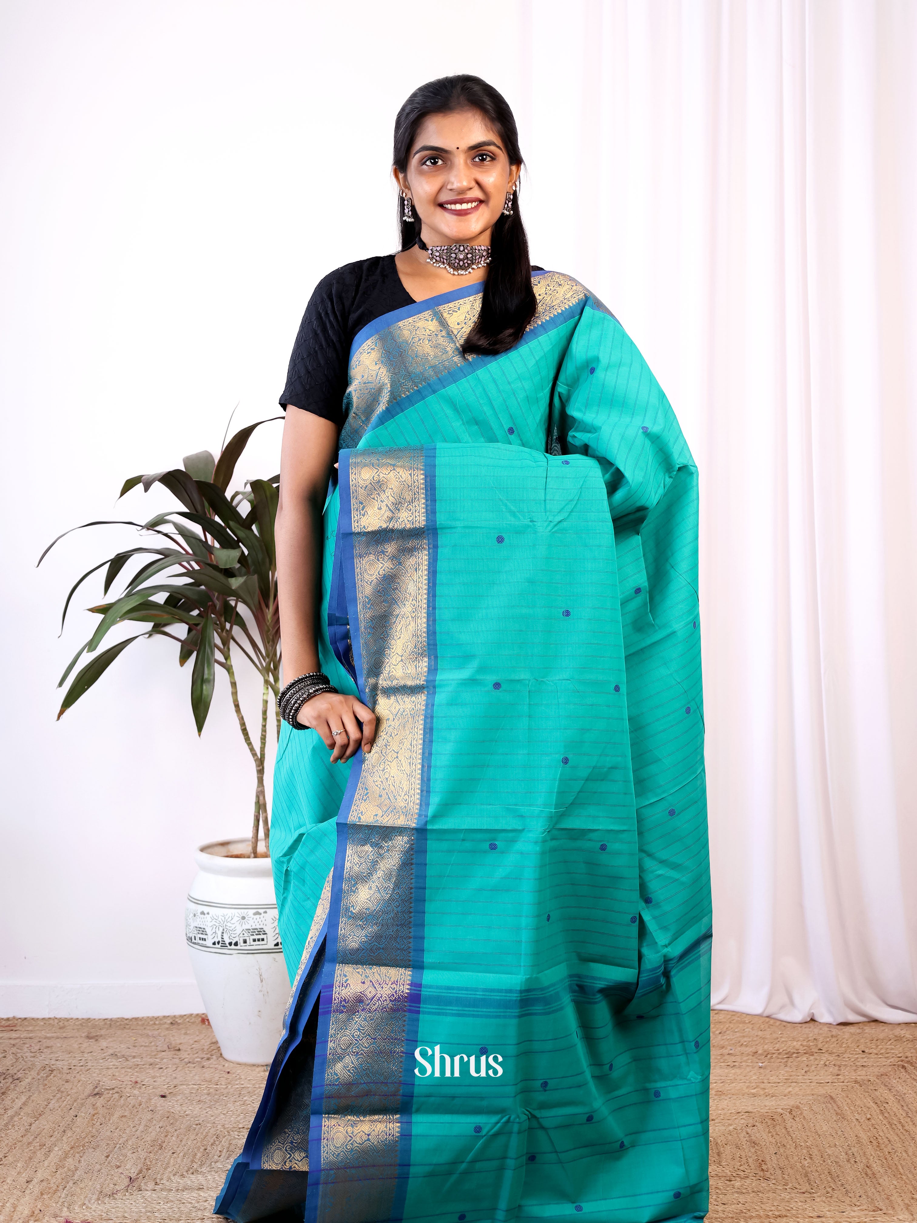 Teal & Blue - Chettinad Cotton Saree - Shop on Shrus.com