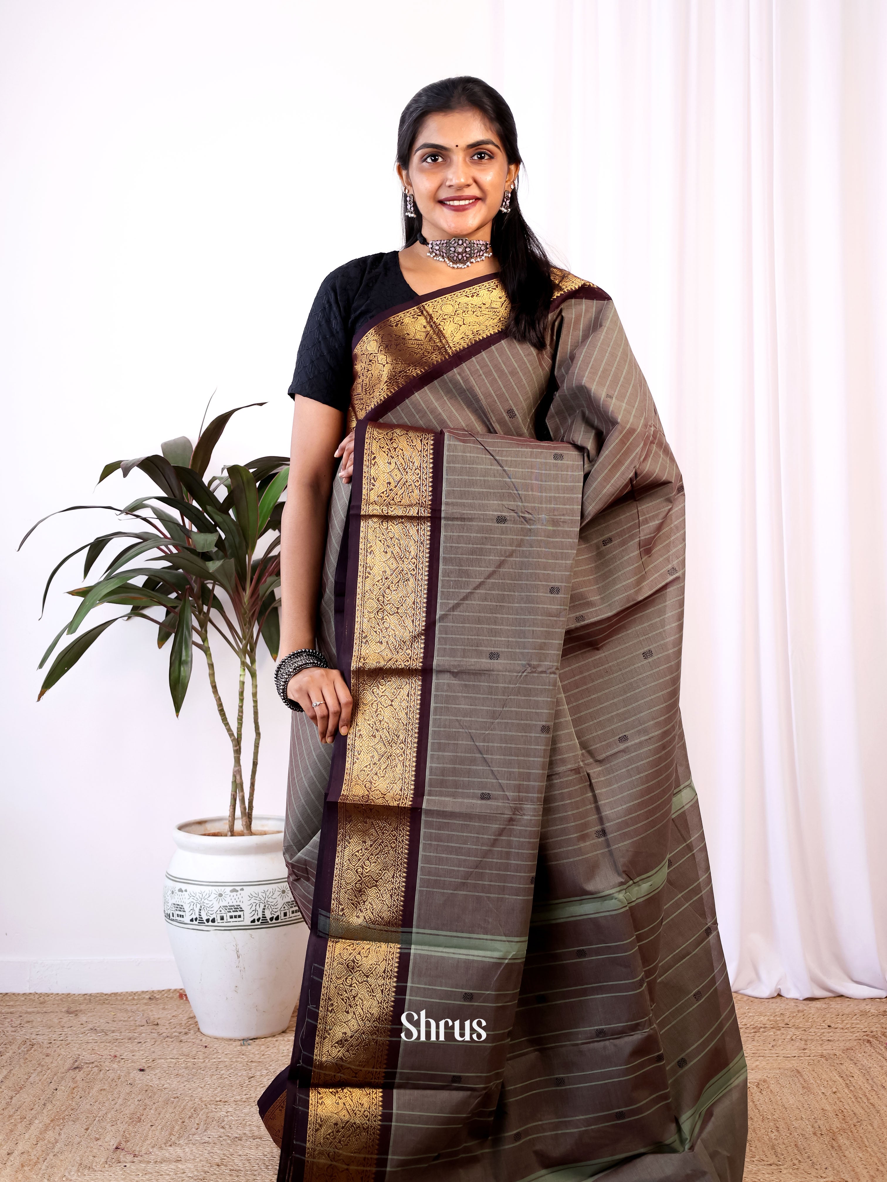 Grey & Brown - Chettinad Cotton Saree - Shop on Shrus.com