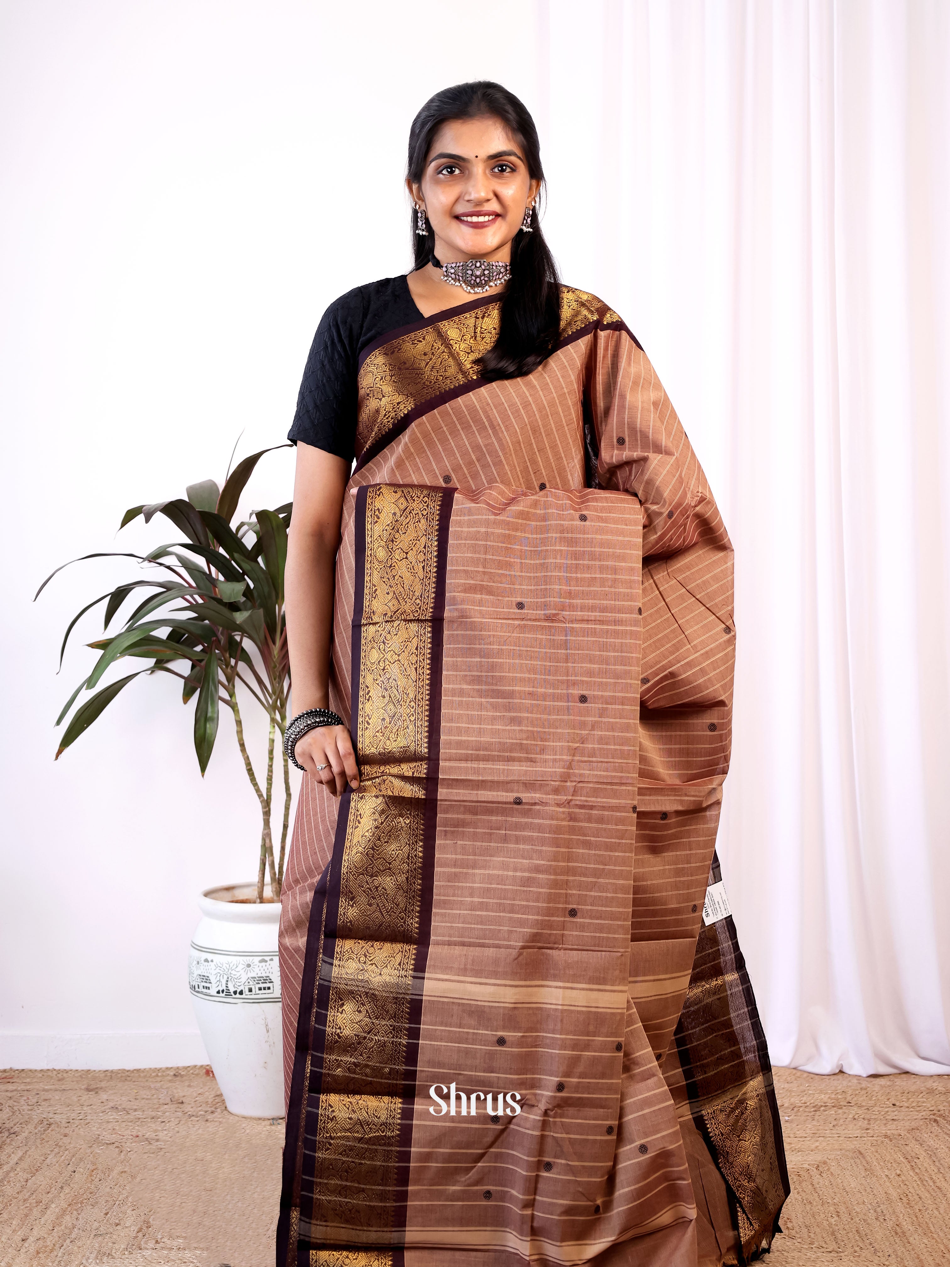 Brown & Coffee Brown - Chettinad Cotton Saree - Shop on Shrus.com