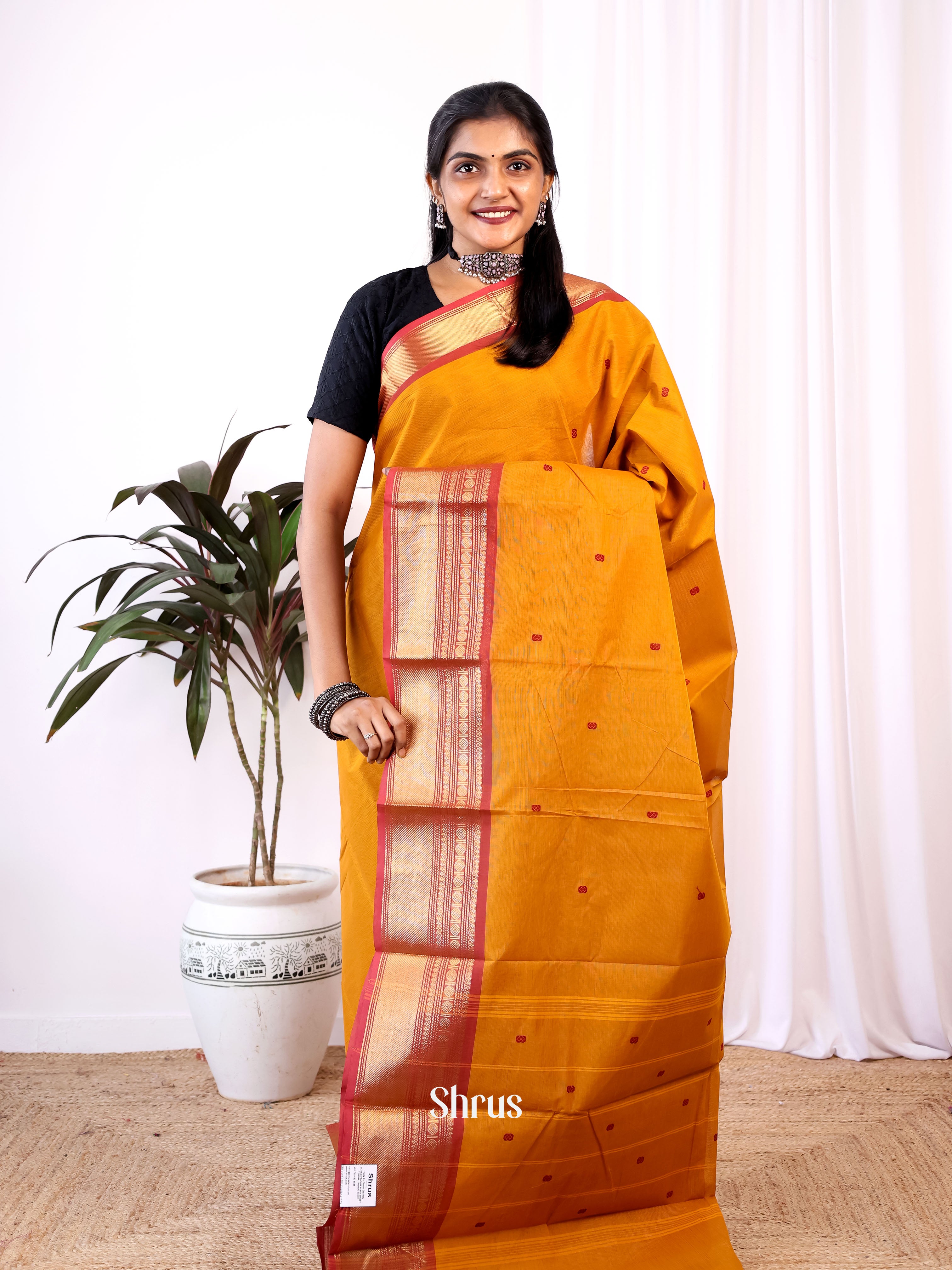 Mustard & Red - Chettinad Cotton Saree - Shop on Shrus.com