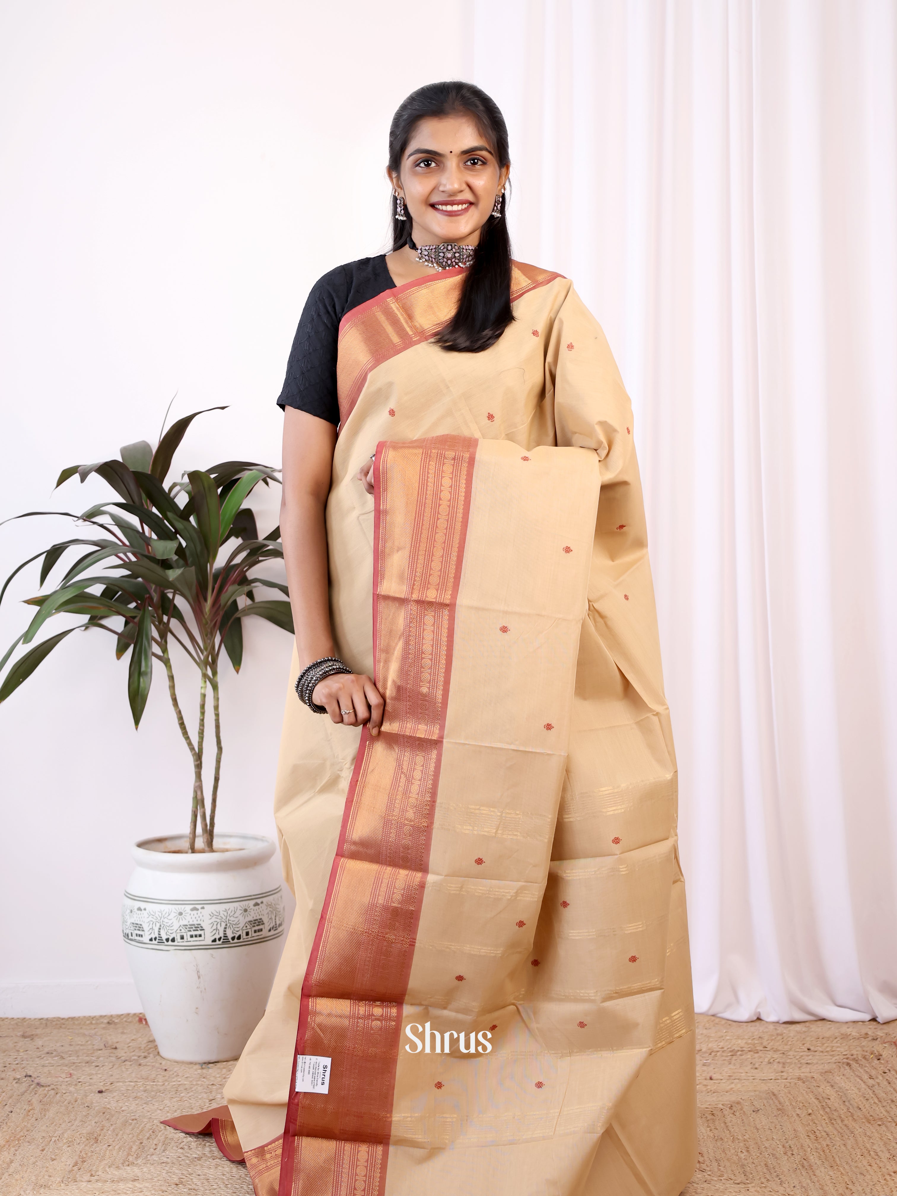 Beige & Red - Chettinad Cotton Saree - Shop on Shrus.com