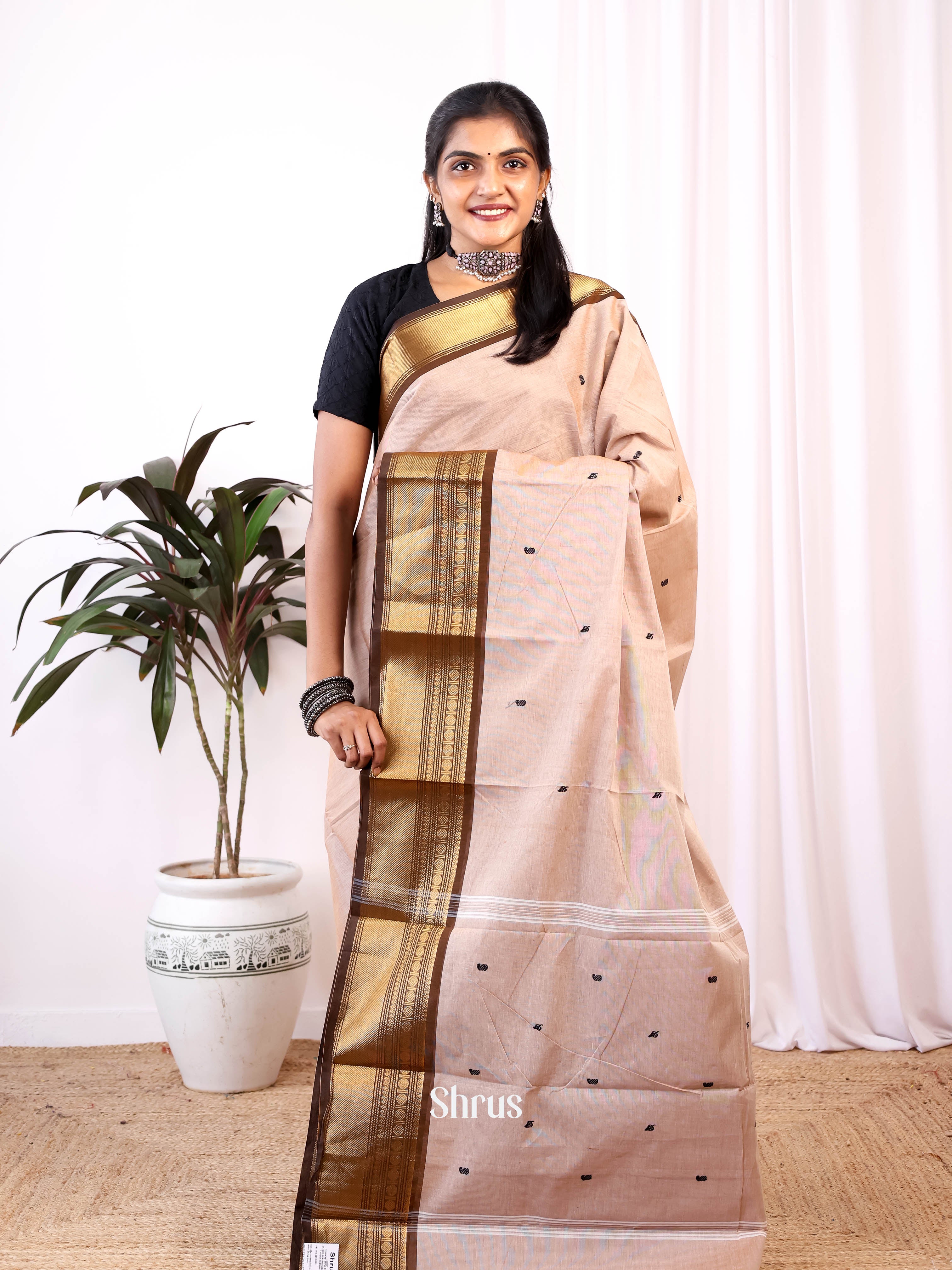 Cream & Brown - Chettinad Cotton Saree - Shop on Shrus.com