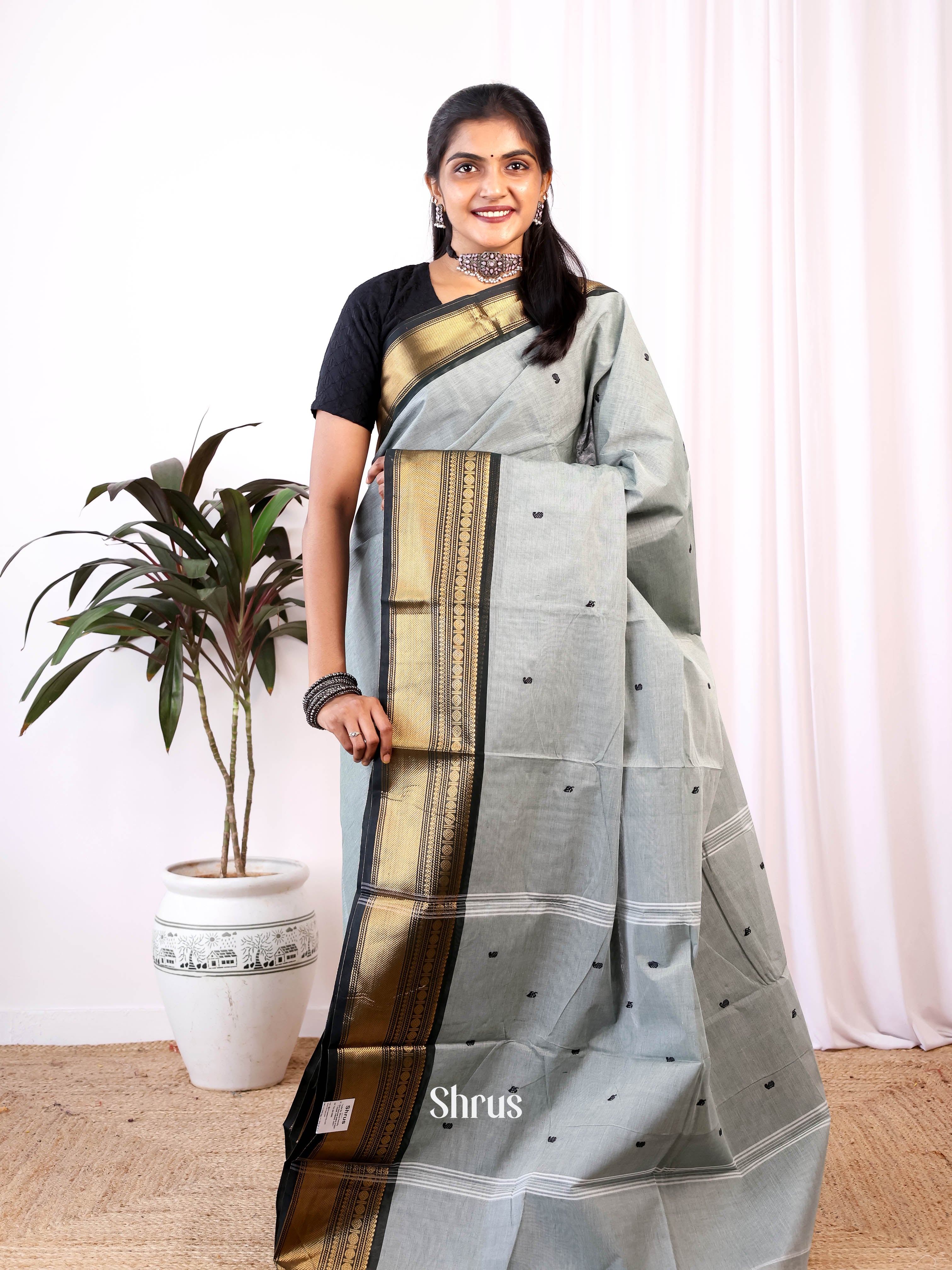 Grey & Black - Chettinad Cotton Saree - Shop on Shrus.com