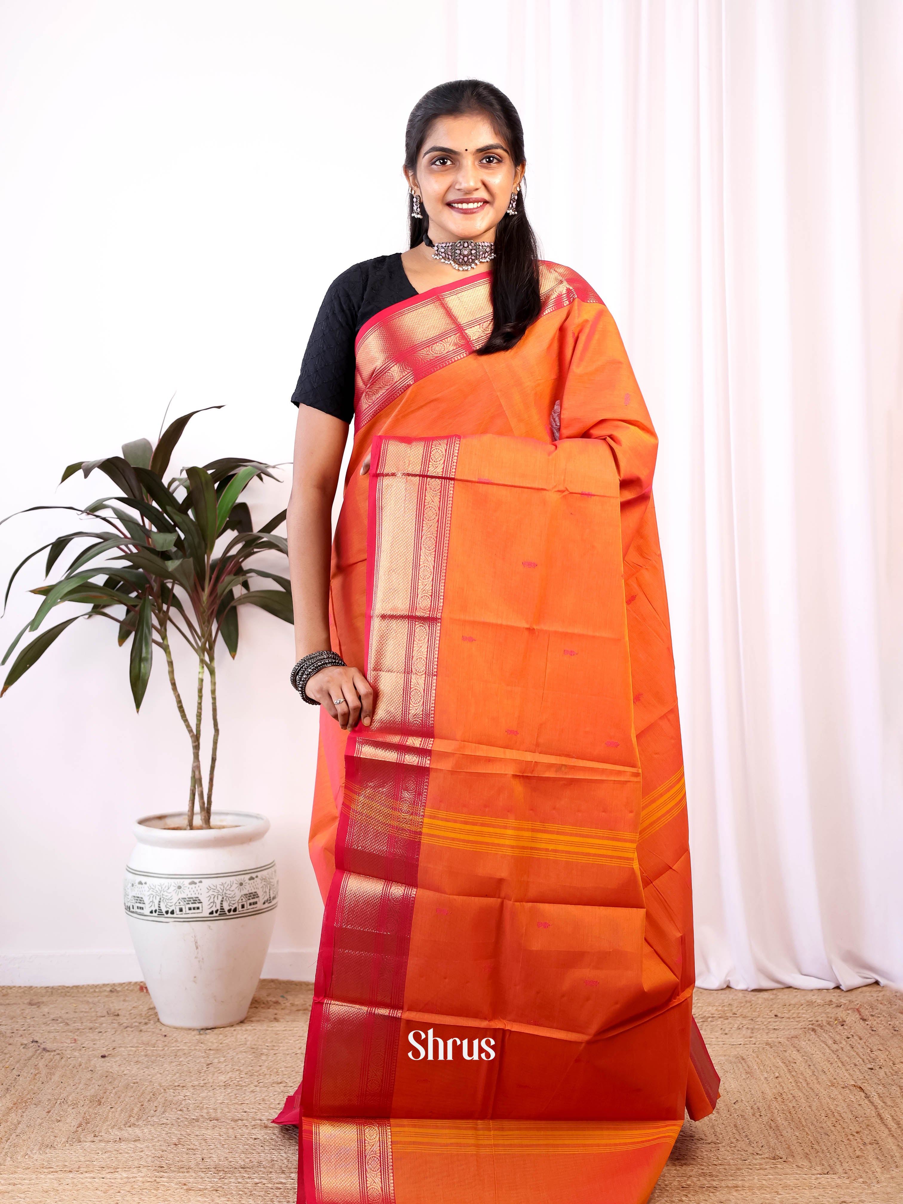 Orange & Red- Chettinad Cotton Saree - Shop on Shrus.com