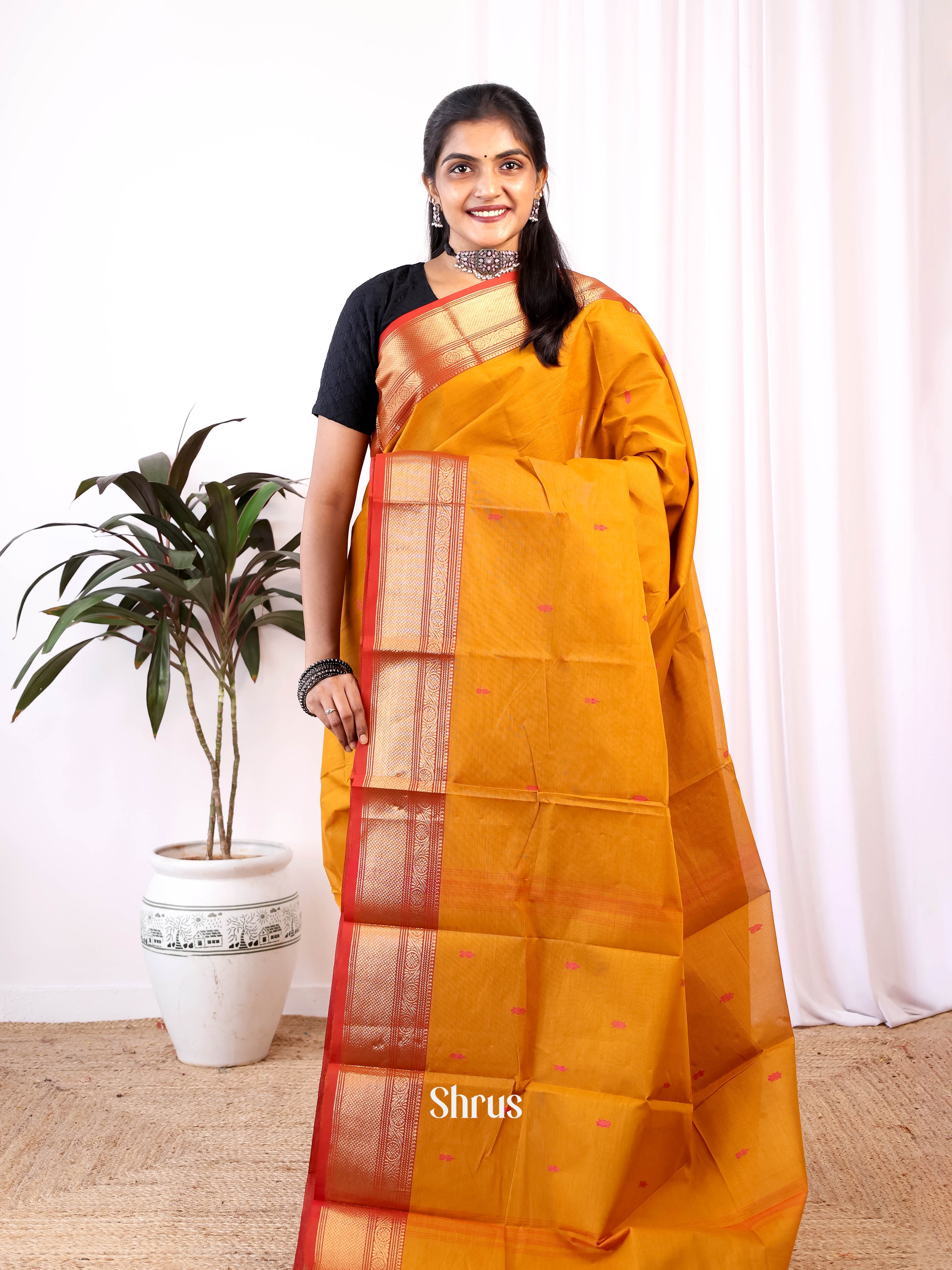 Mustard & Red - Chettinad Cotton Saree - Shop on Shrus.com