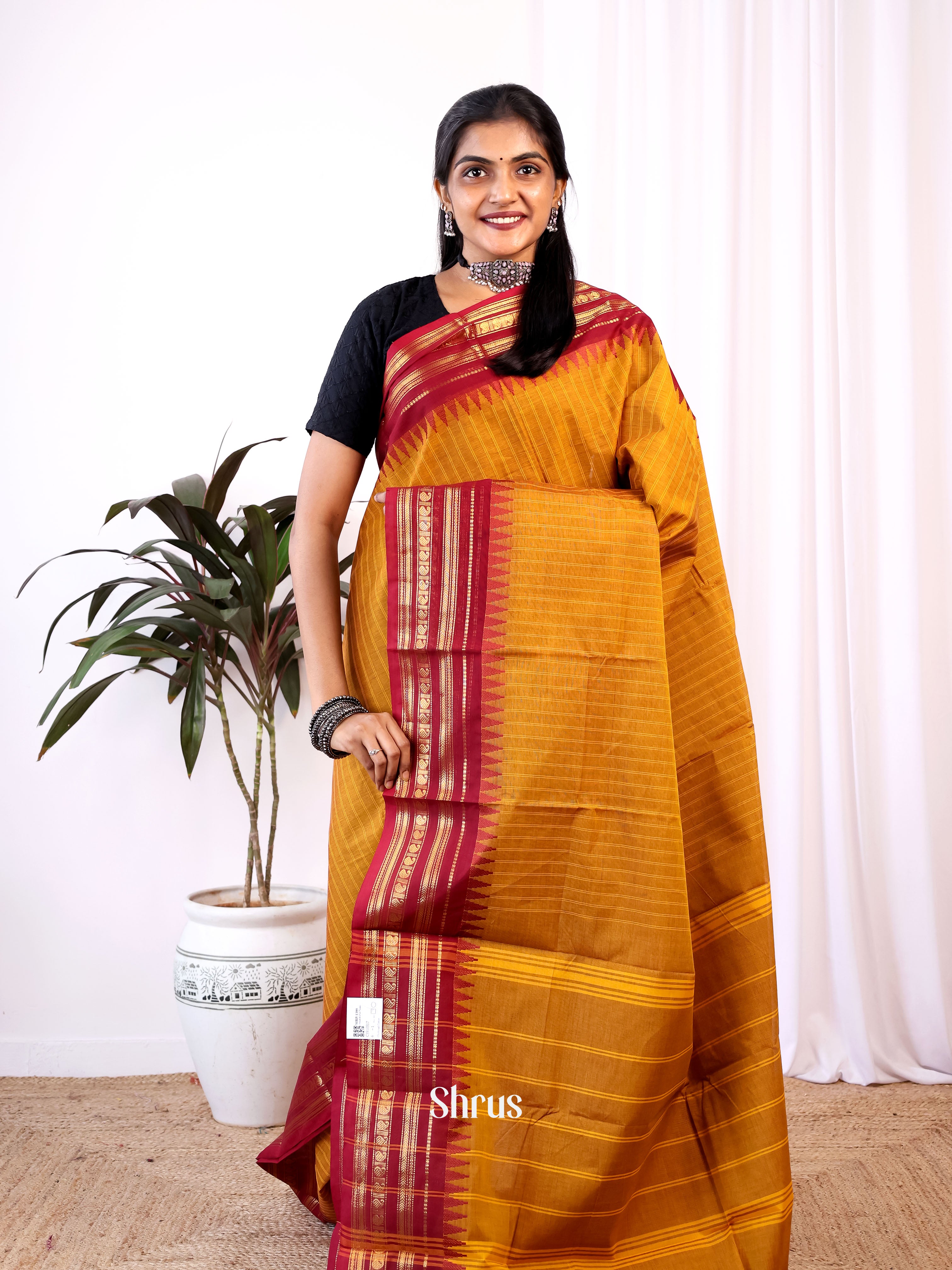Mustard & Red - Chettinad Cotton Saree - Shop on Shrus.com
