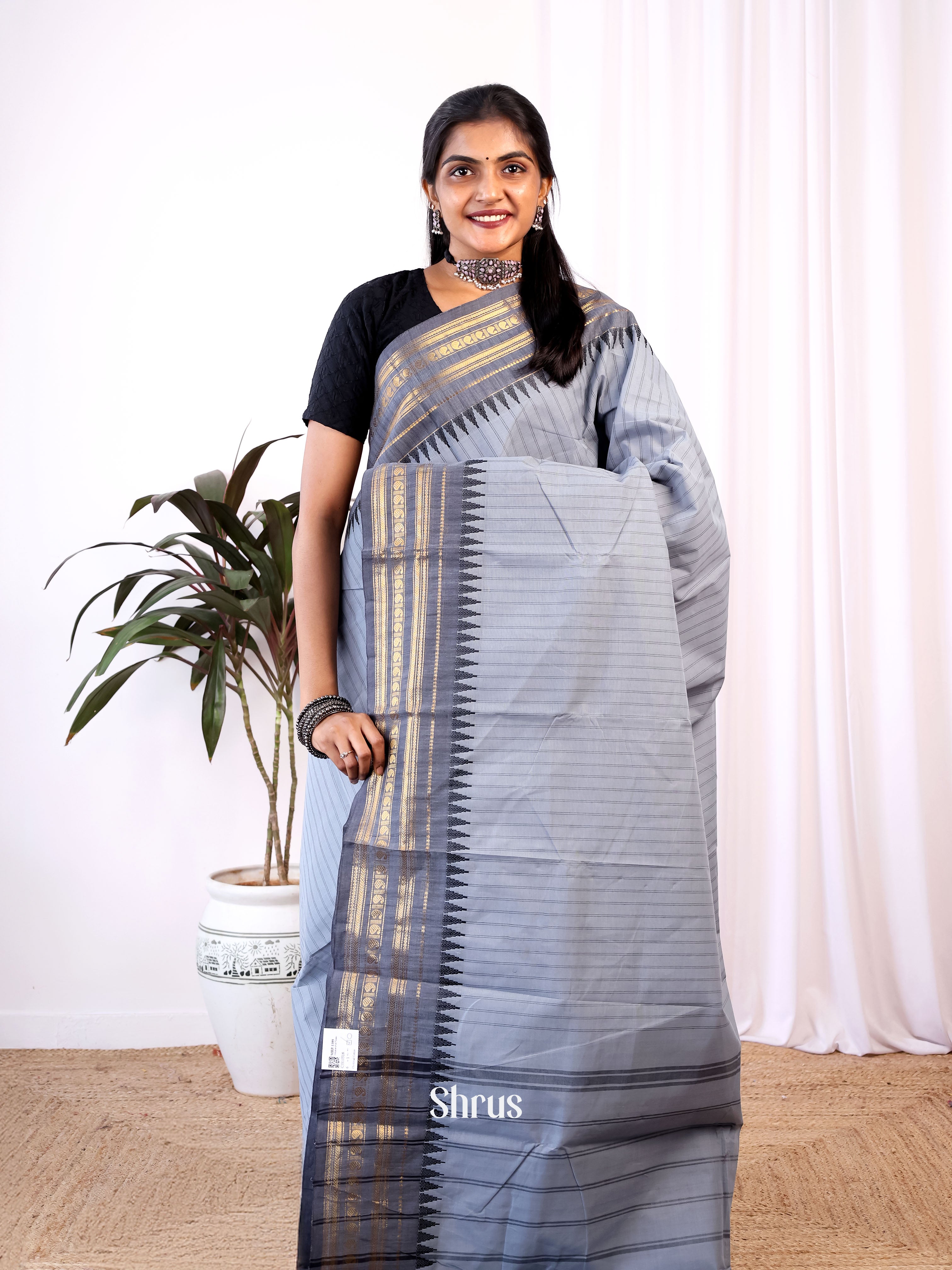 Grey- Chettinad Cotton Saree - Shop on Shrus.com