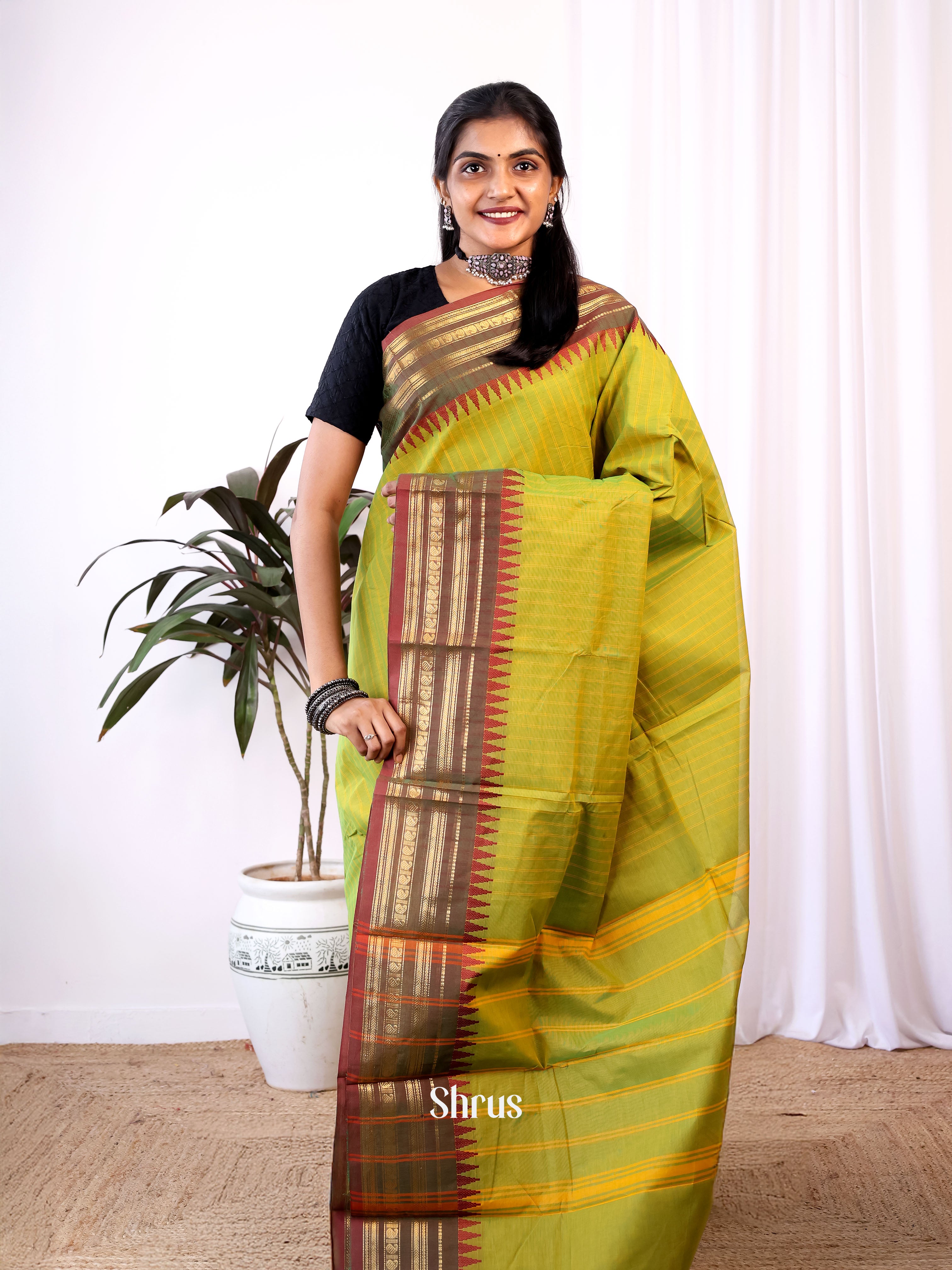 Green & Double Shaded Brown- Chettinad Cotton Saree - Shop on Shrus.com
