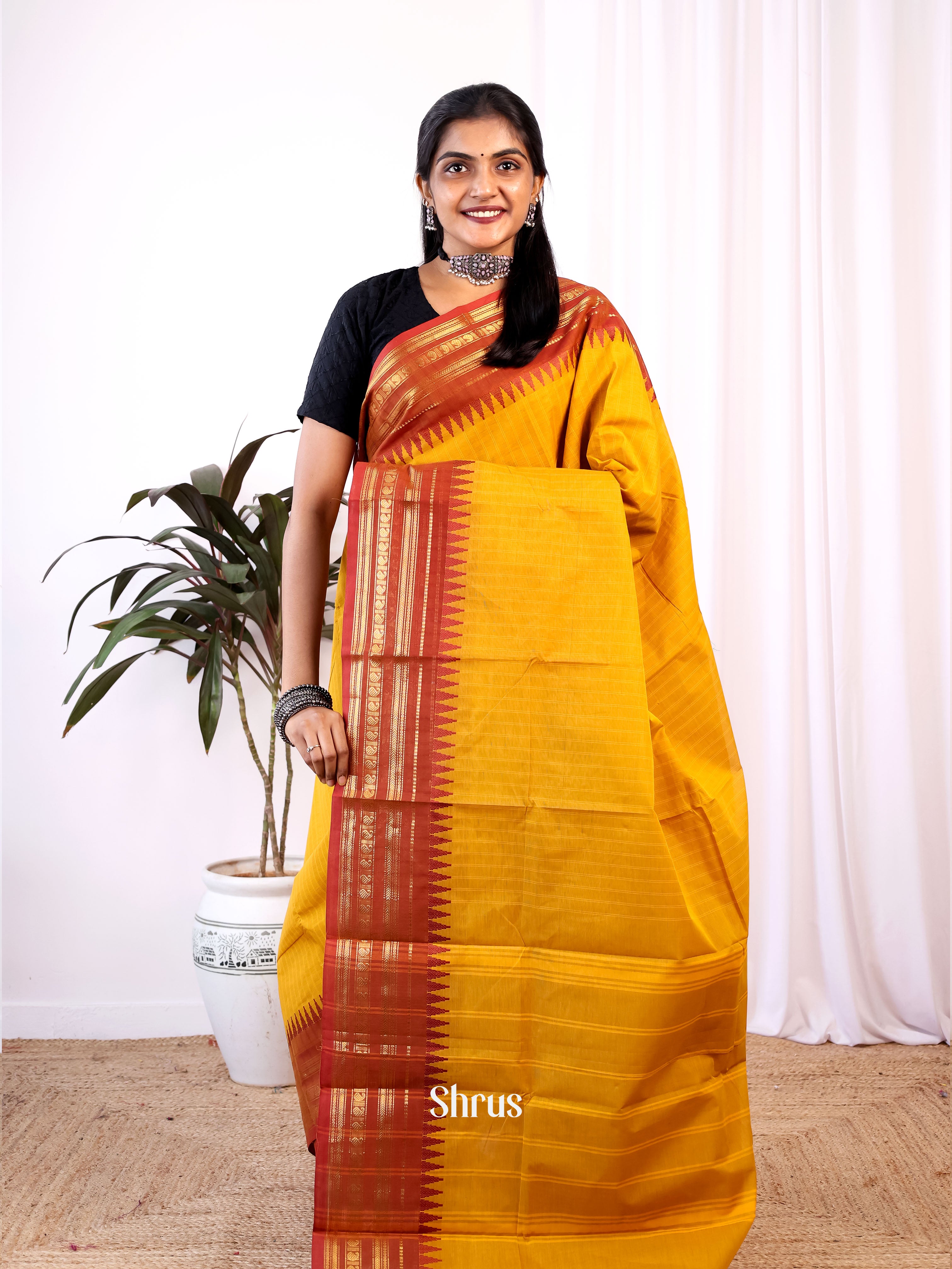 Mustard & Brown - Chettinad Cotton Saree - Shop on Shrus.com