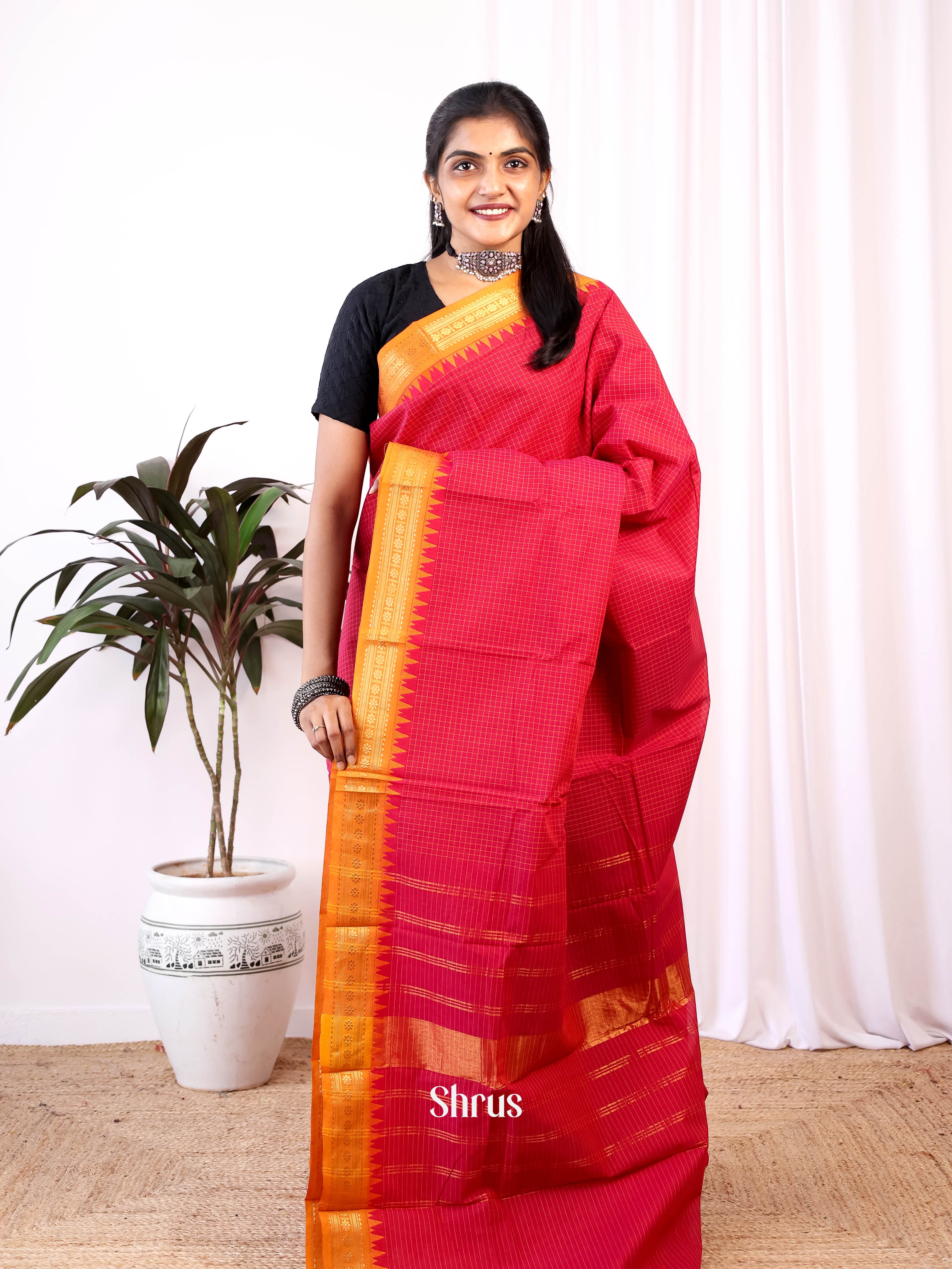 Red & Mustard - Chettinad Cotton Saree - Shop on Shrus.com