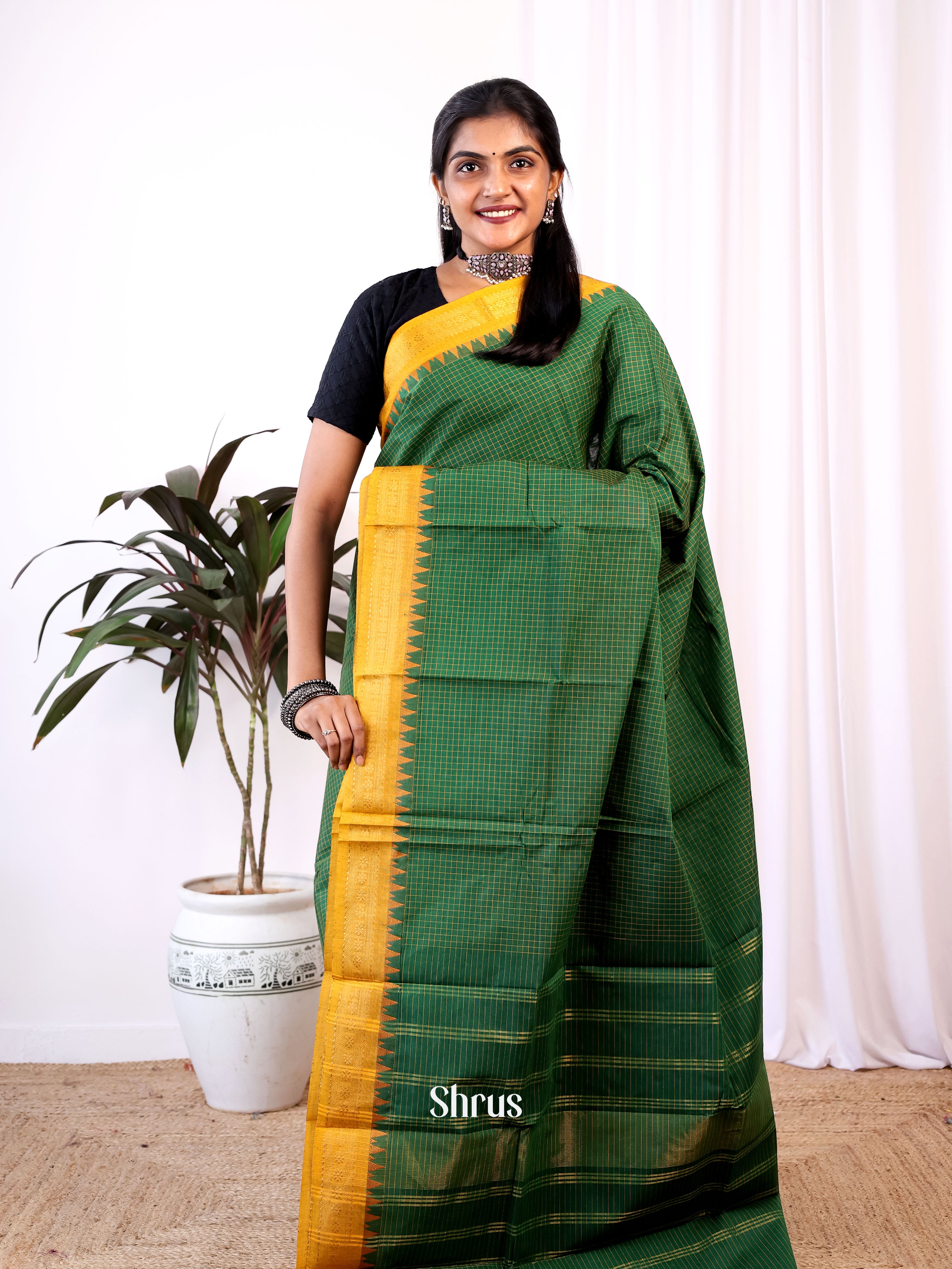 Green & Mustard - Chettinad Cotton Saree - Shop on Shrus.com