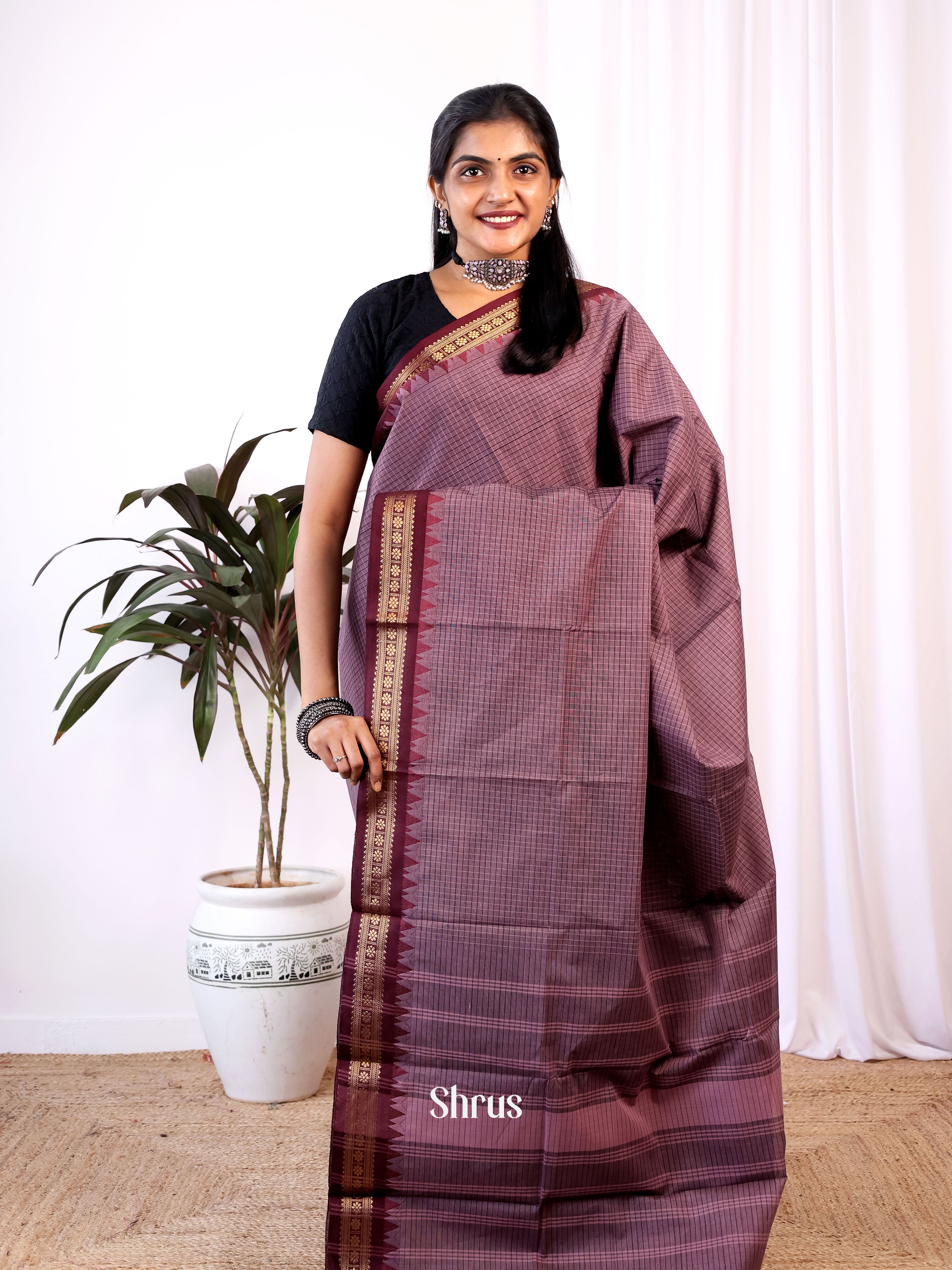 Purple & Brown - Chettinad Cotton Saree - Shop on Shrus.com
