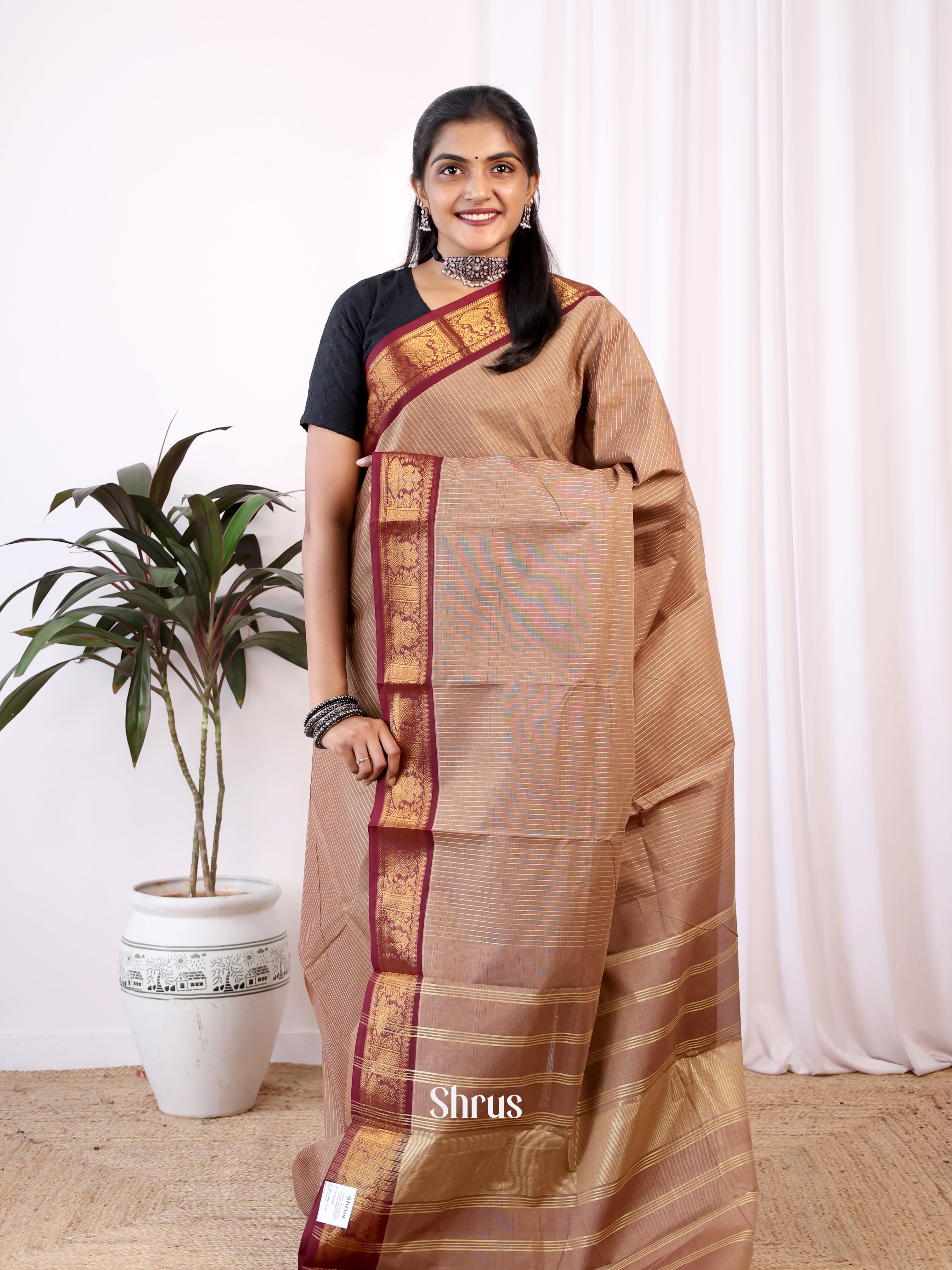 Brown & Maroon - Chettinad Cotton Saree - Shop on Shrus.com