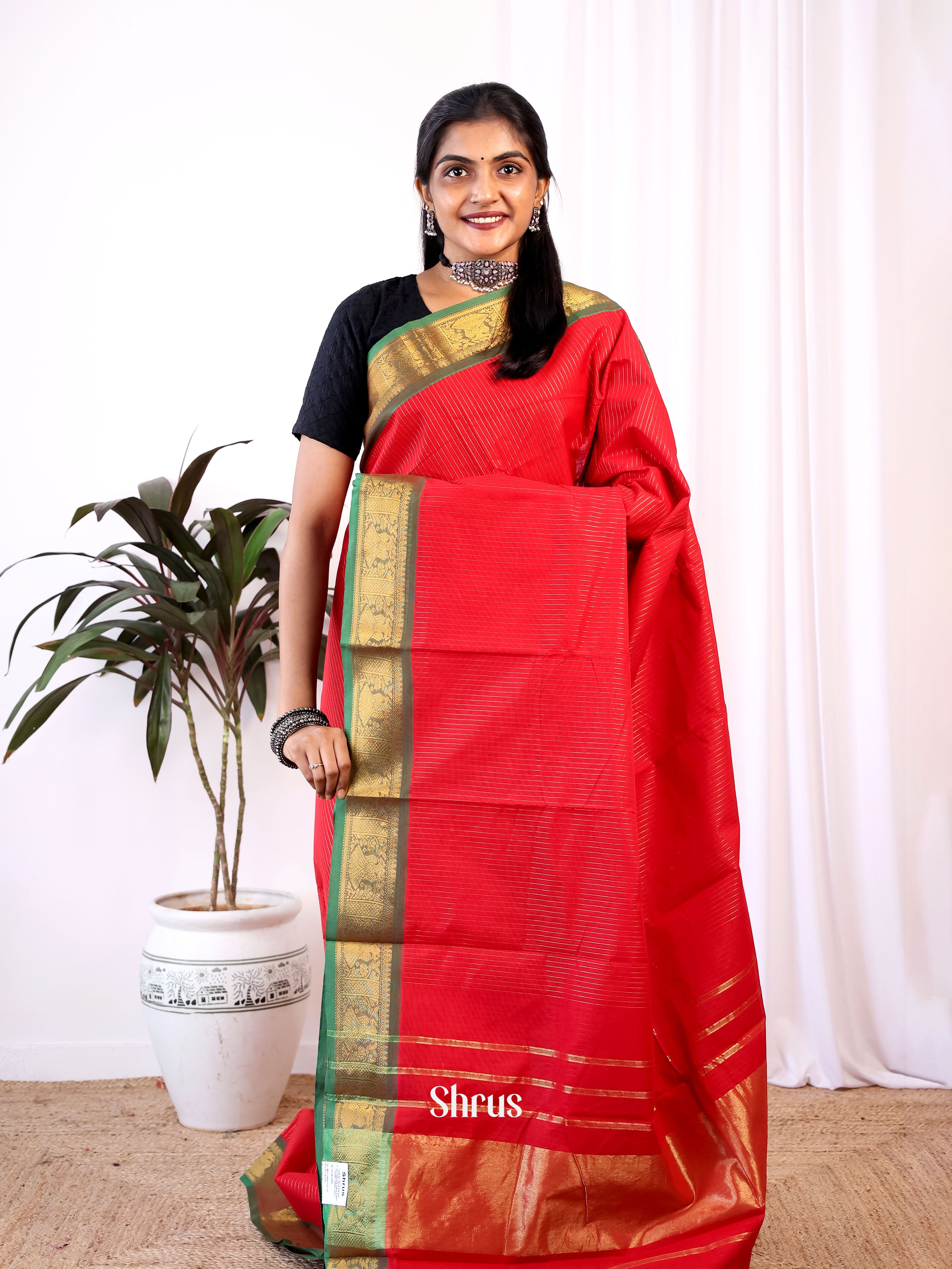 Red & Green- Chettinad Cotton Saree - Shop on Shrus.com