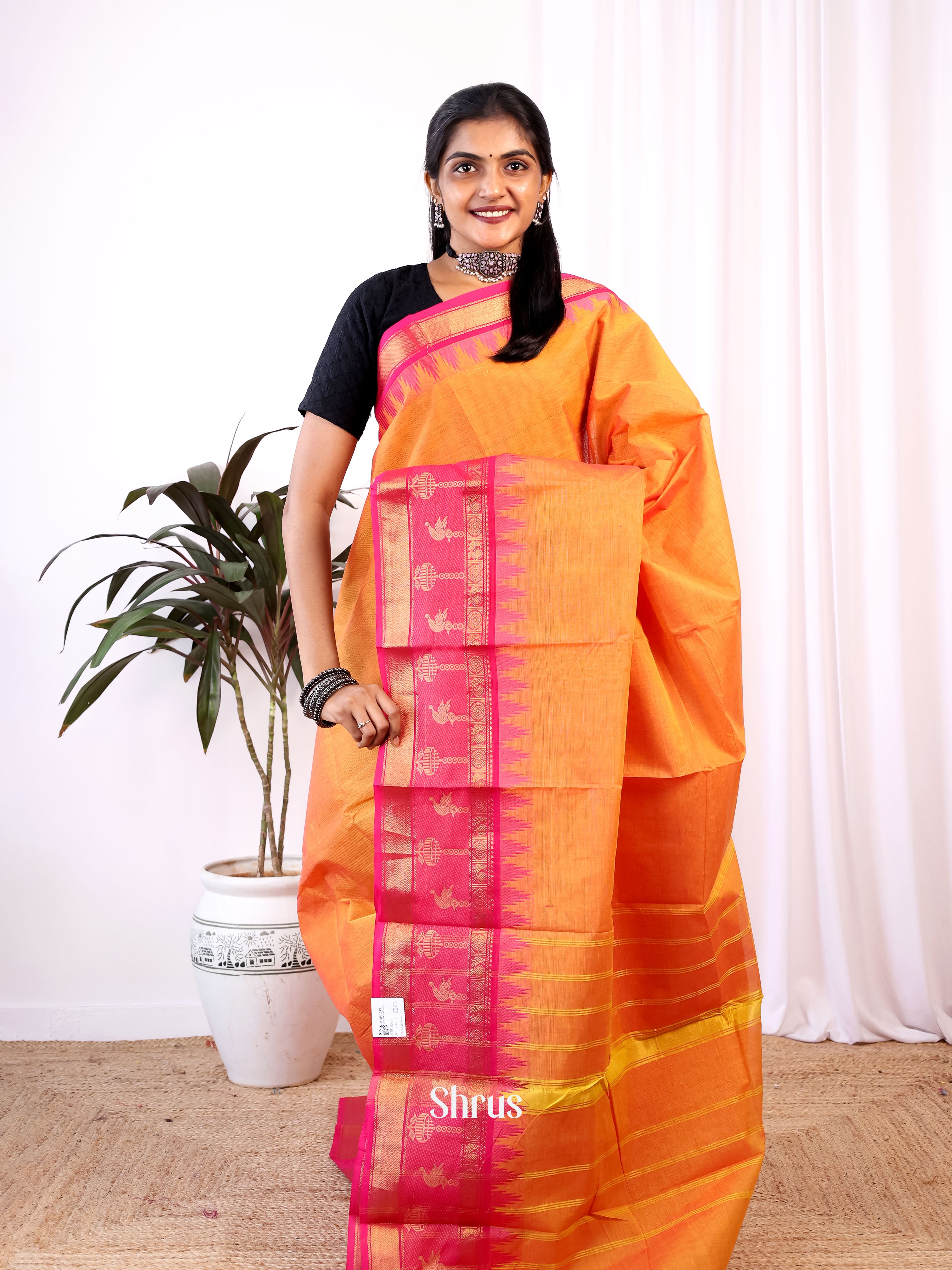 Orange & Pink- Chettinad Cotton Saree - Shop on Shrus.com