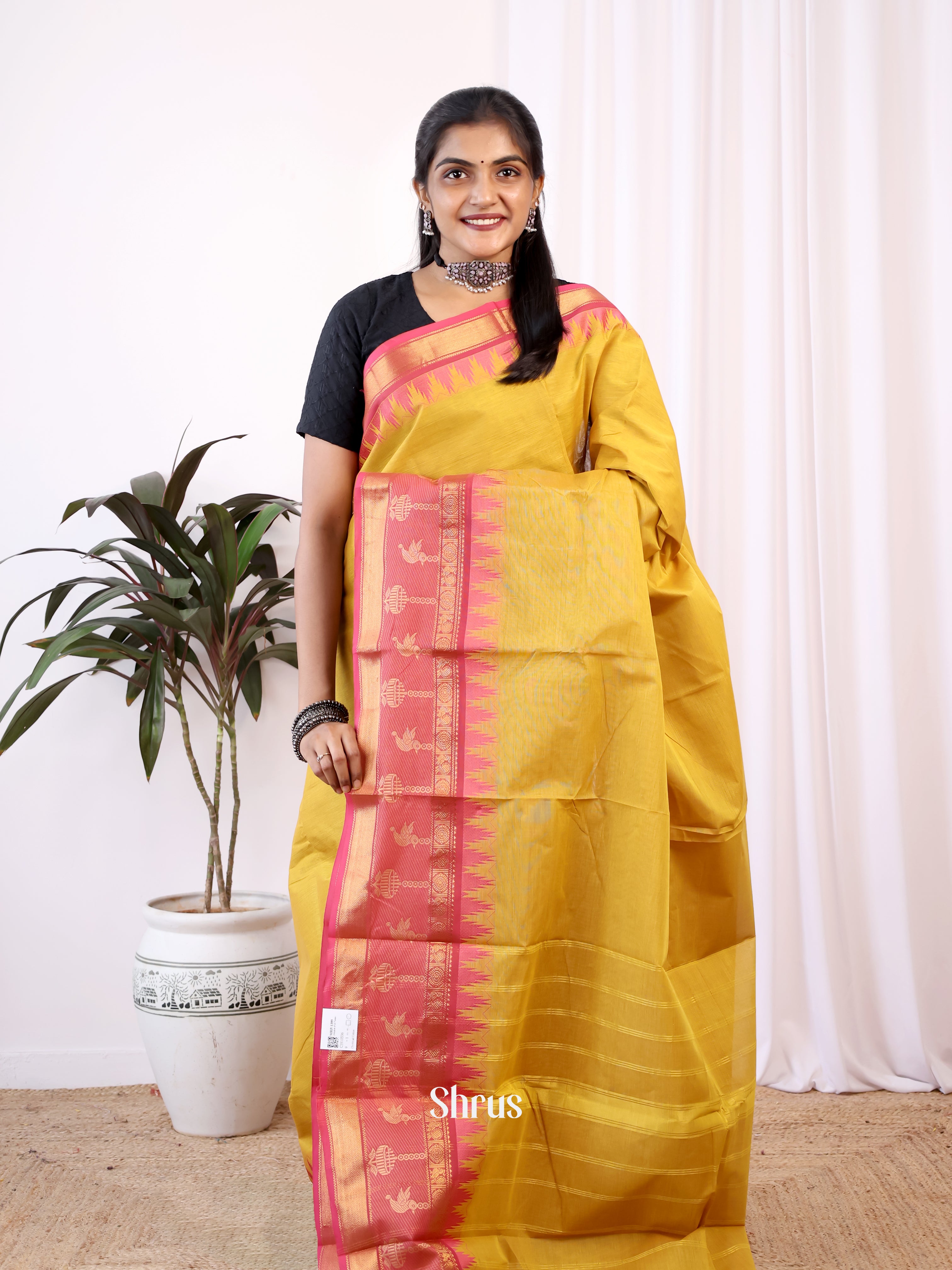Mustardy Green & Pink - Chettinad Cotton Saree - Shop on Shrus.com