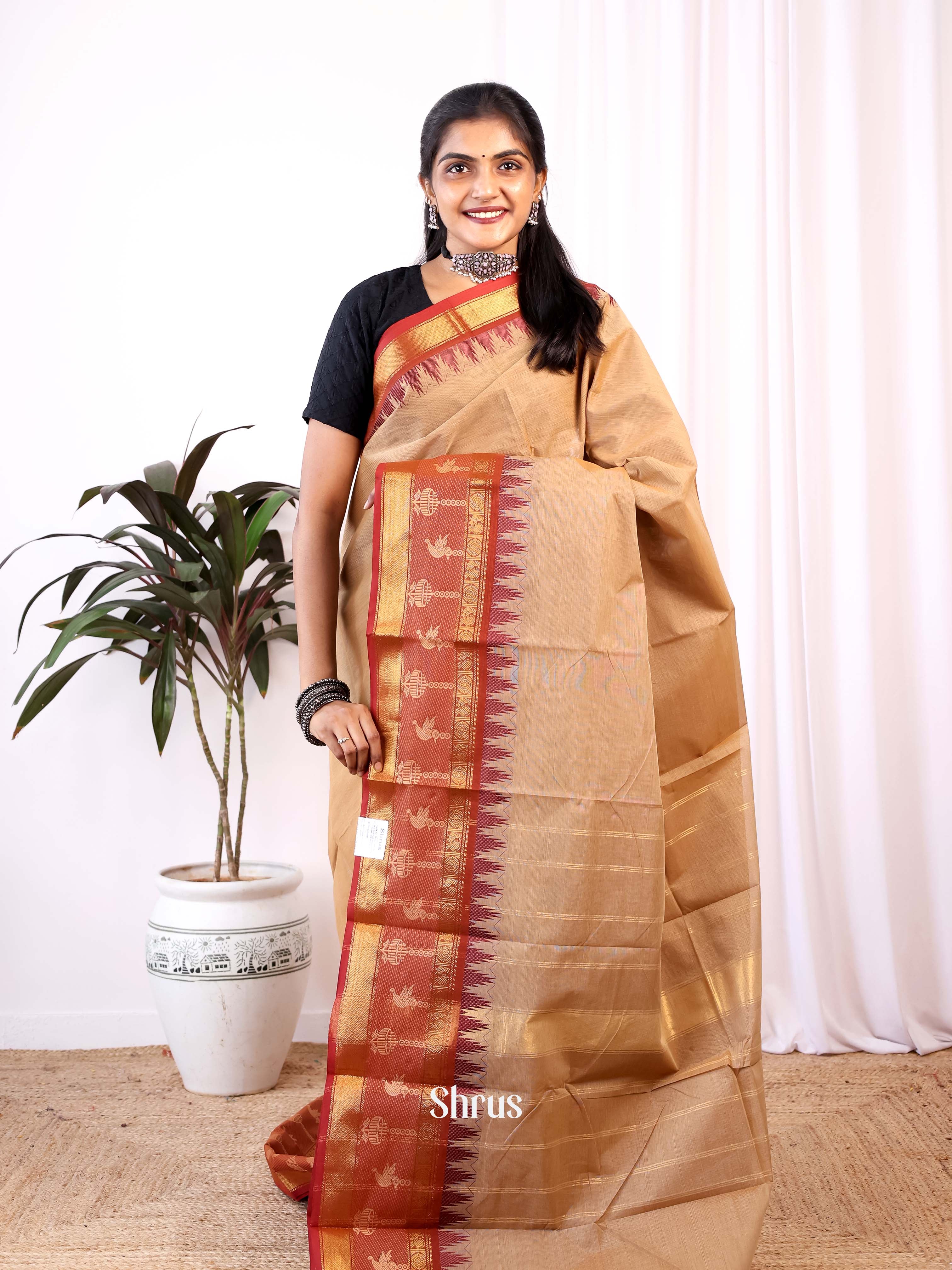 Brown & Red - Chettinad Cotton Saree - Shop on Shrus.com