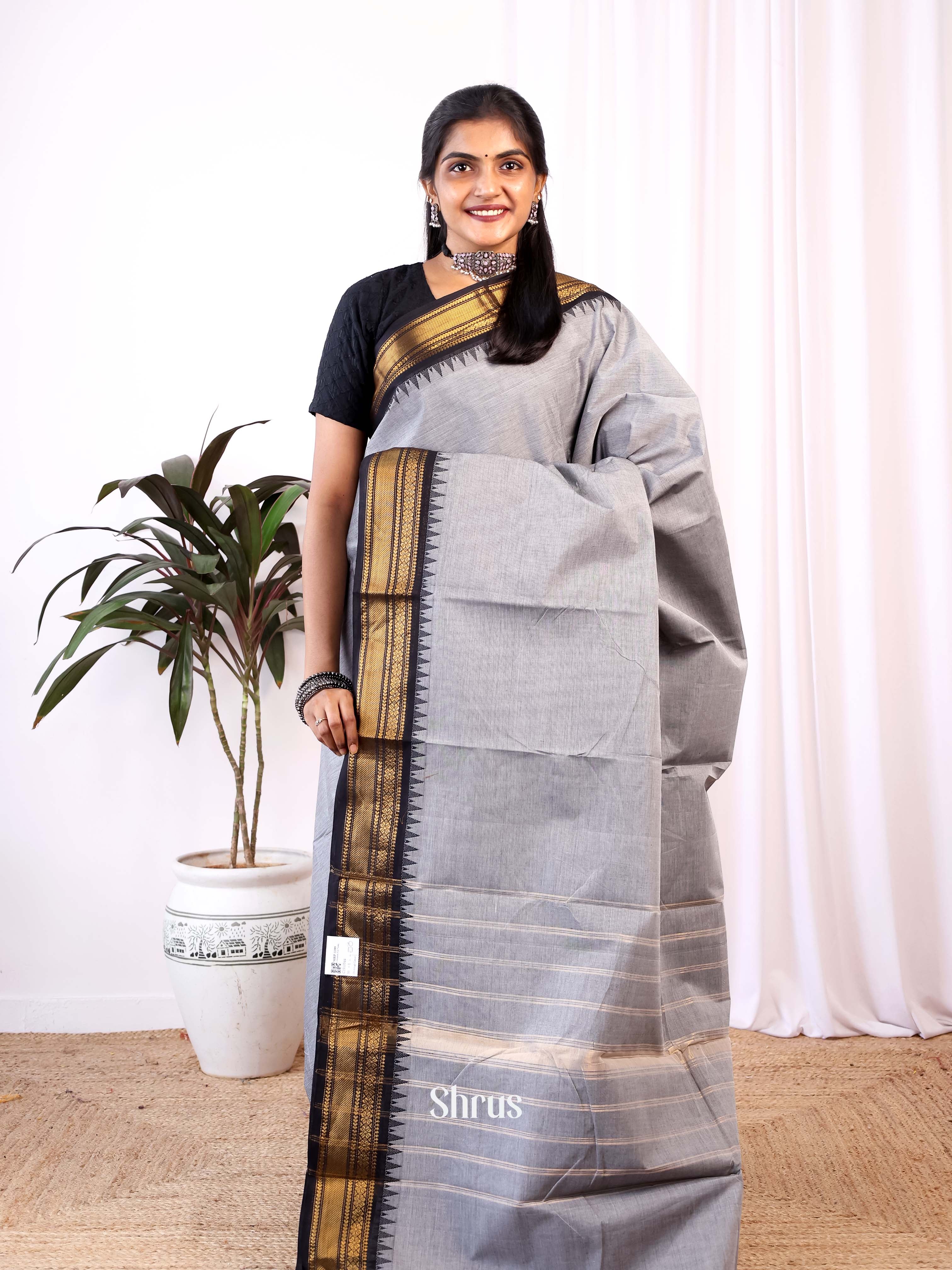 Grey & Black - Chettinad Cotton Saree - Shop on Shrus.com